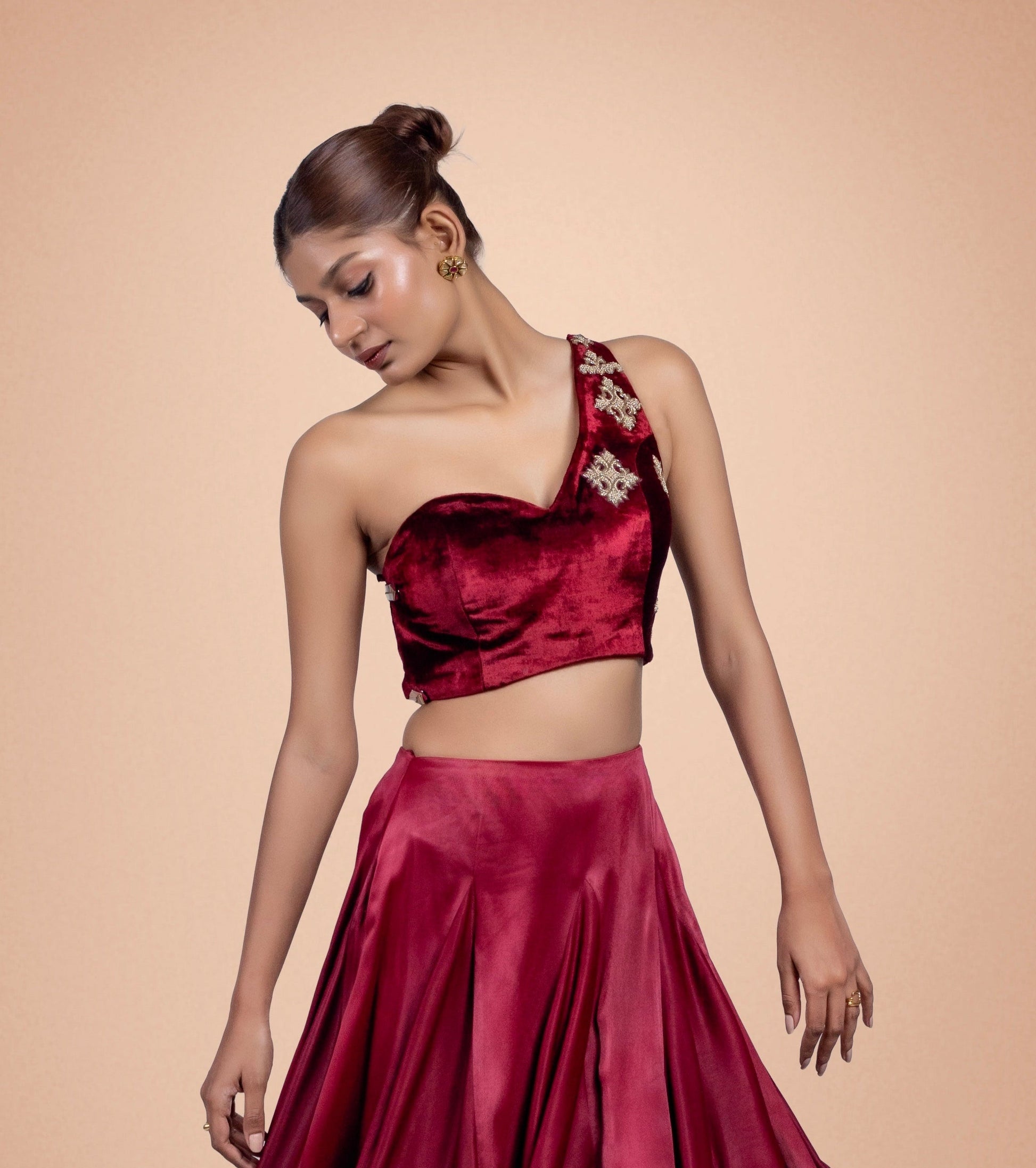 "Oxblood" One-Shoulder Blouse