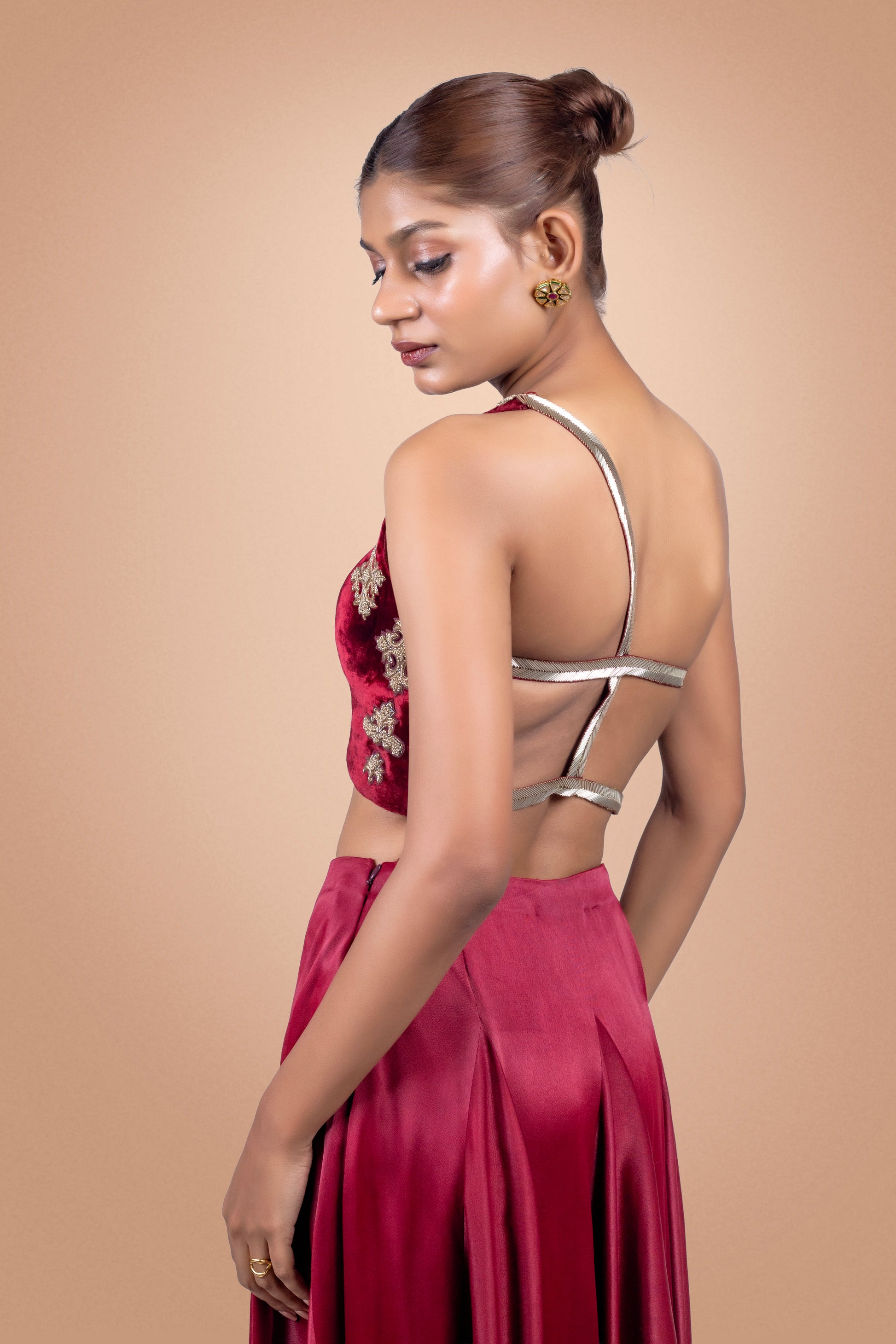 "OxBlood" Velvet Pre-Draped Saree & Blouse