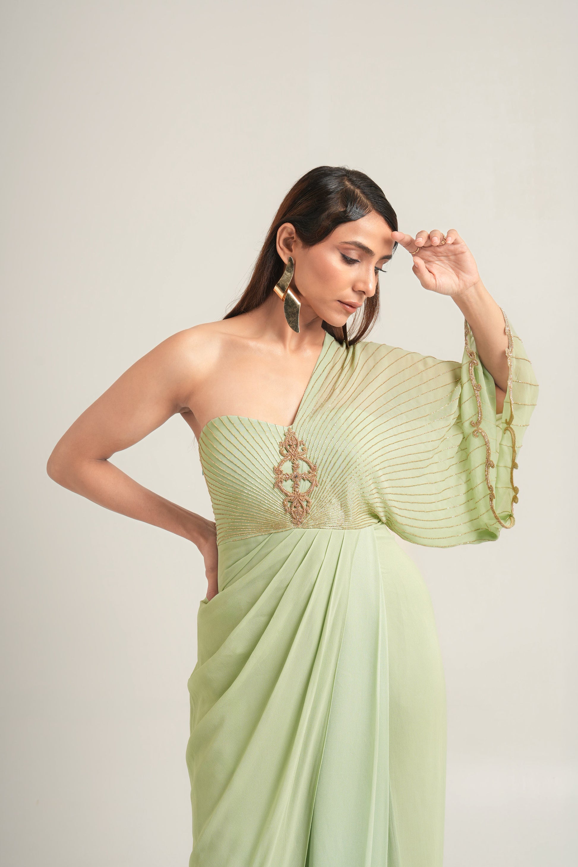 "Pistachio Symphony" One-Shoulder Drape Gown