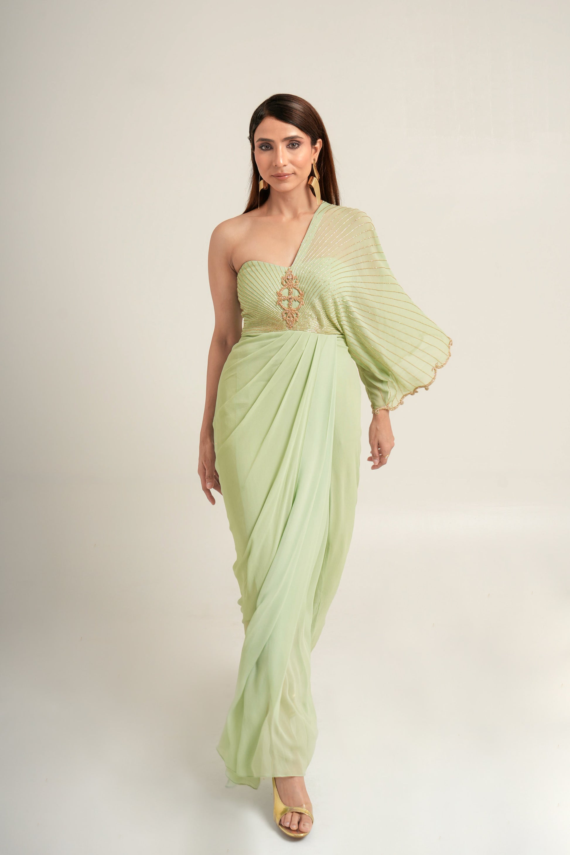 "Pistachio Symphony" One-Shoulder Drape Gown