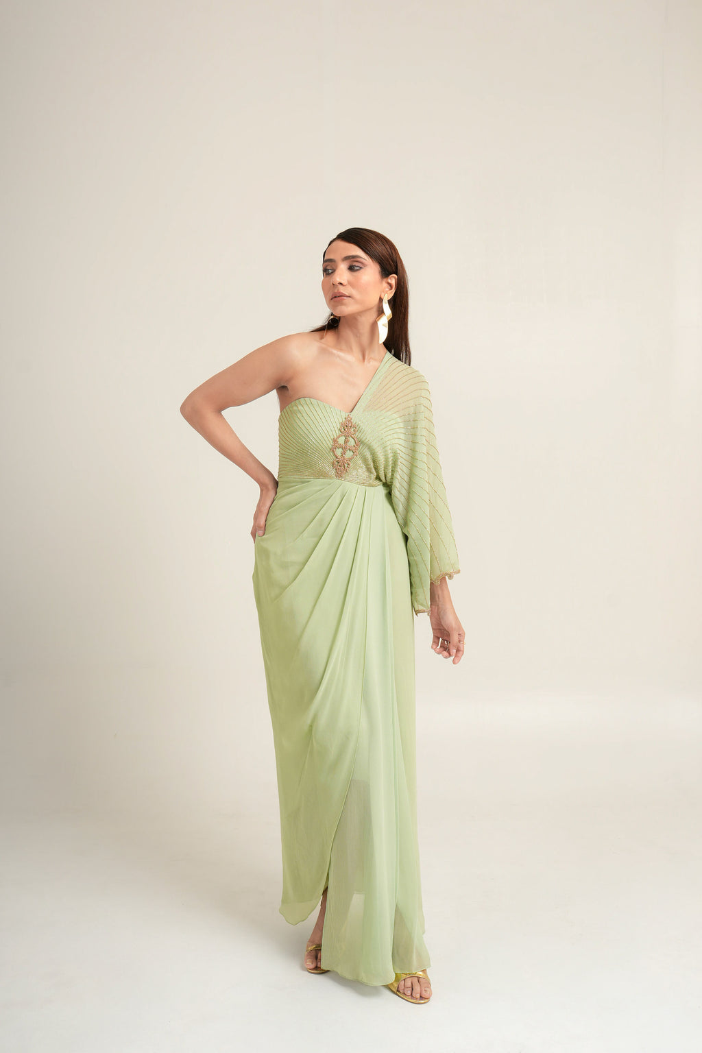 "Pistachio Symphony" One-Shoulder Drape Gown