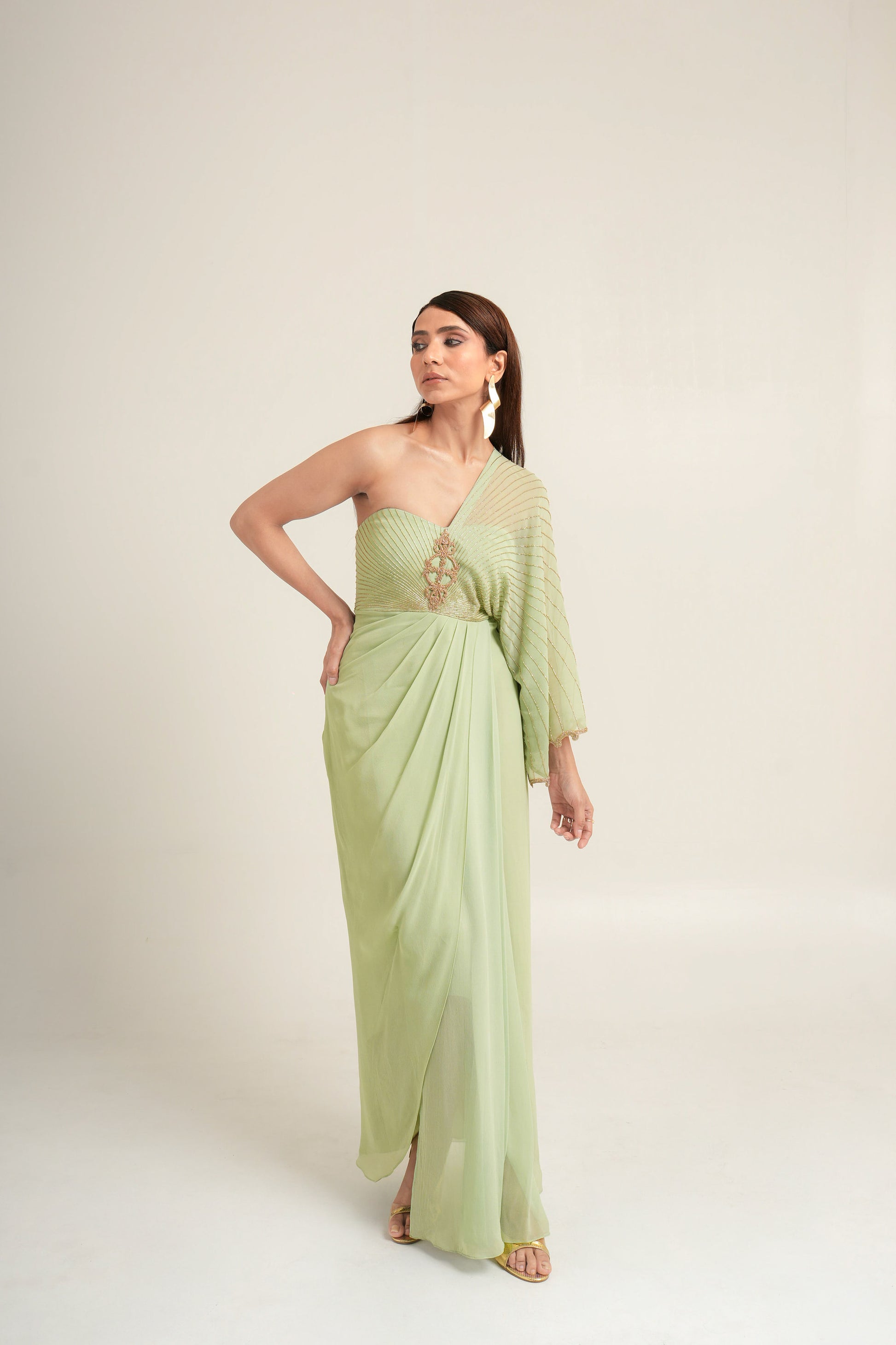 "Pistachio Symphony" One-Shoulder Drape Gown