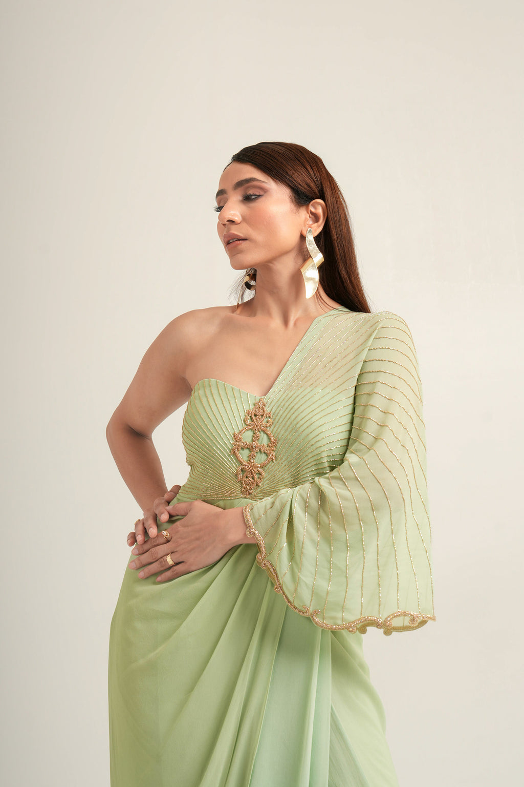 "Pistachio Symphony" One-Shoulder Drape Gown
