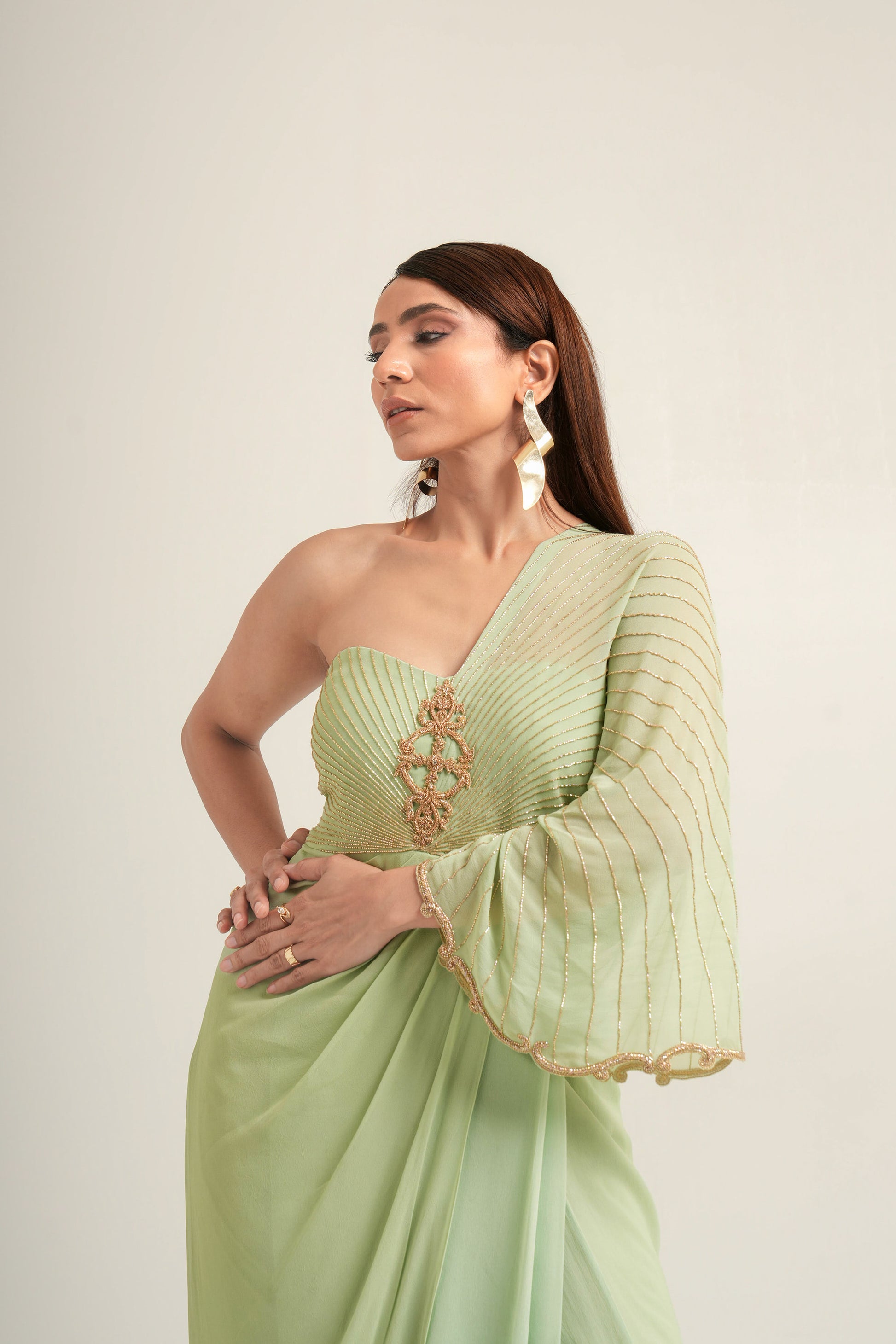 "Pistachio Symphony" One-Shoulder Drape Gown