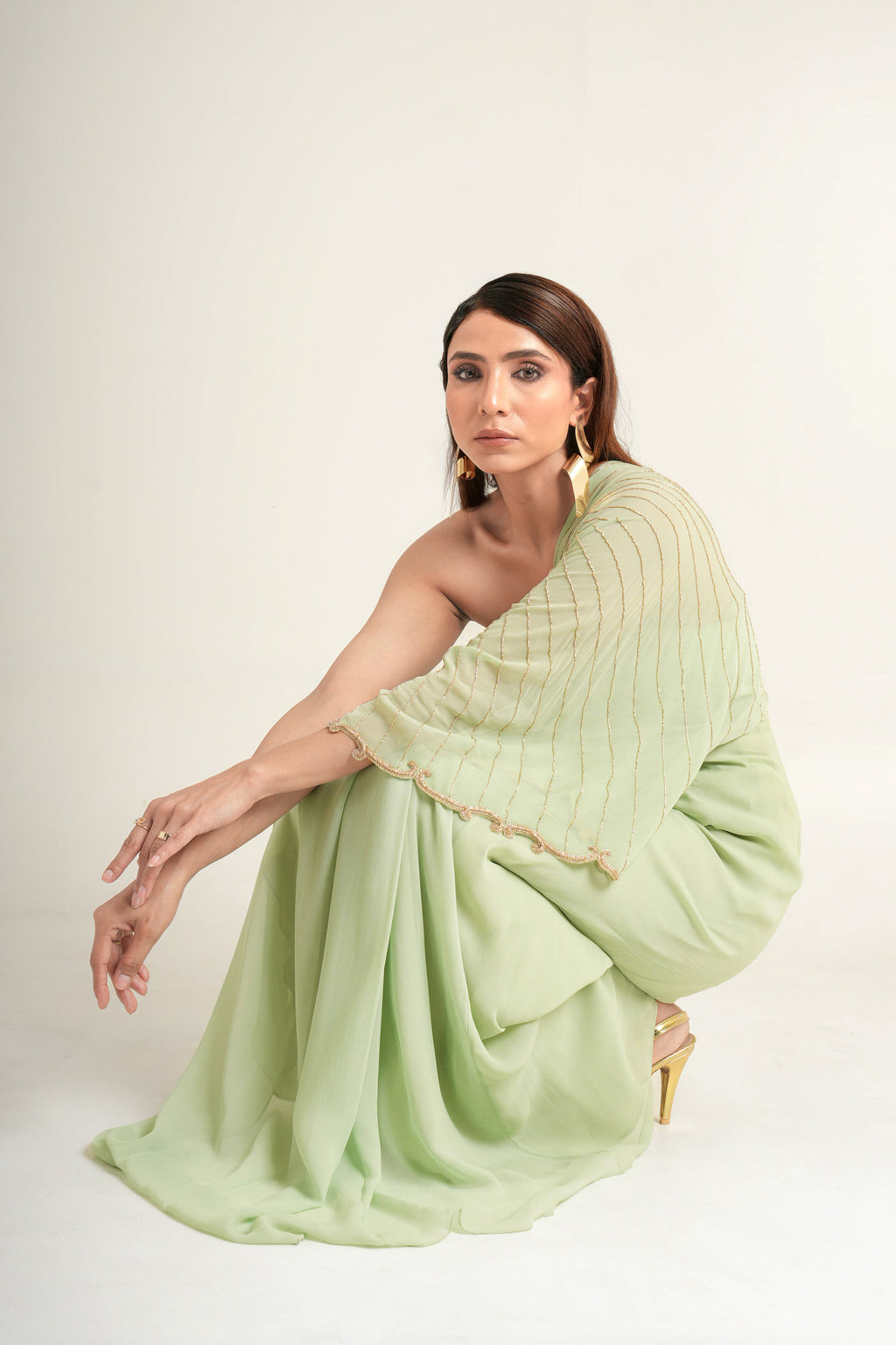 "Pistachio Symphony" One-Shoulder Drape Gown