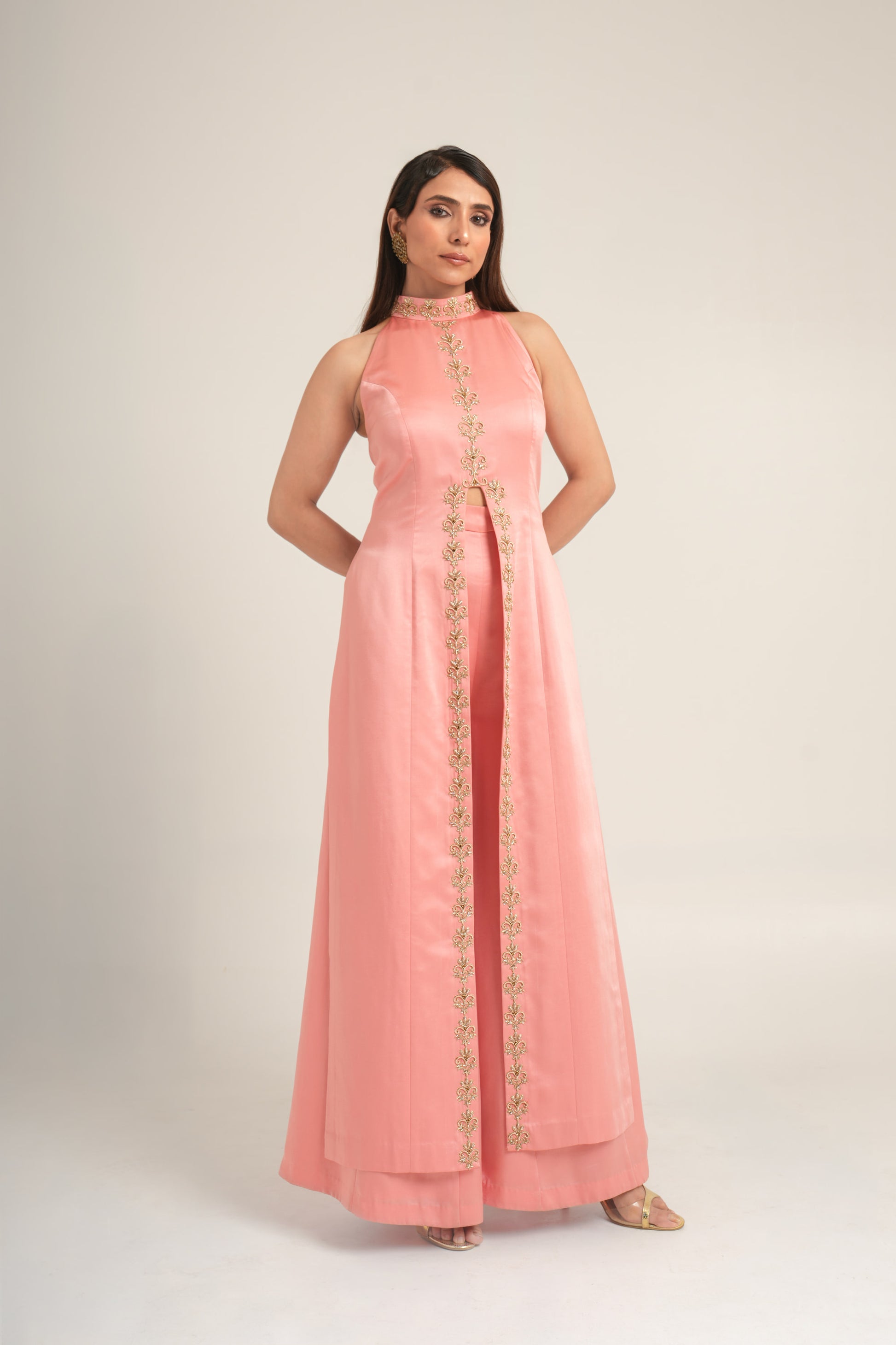 "Midnight at Rose Bar" Overlay Gown with wide-leg trousers