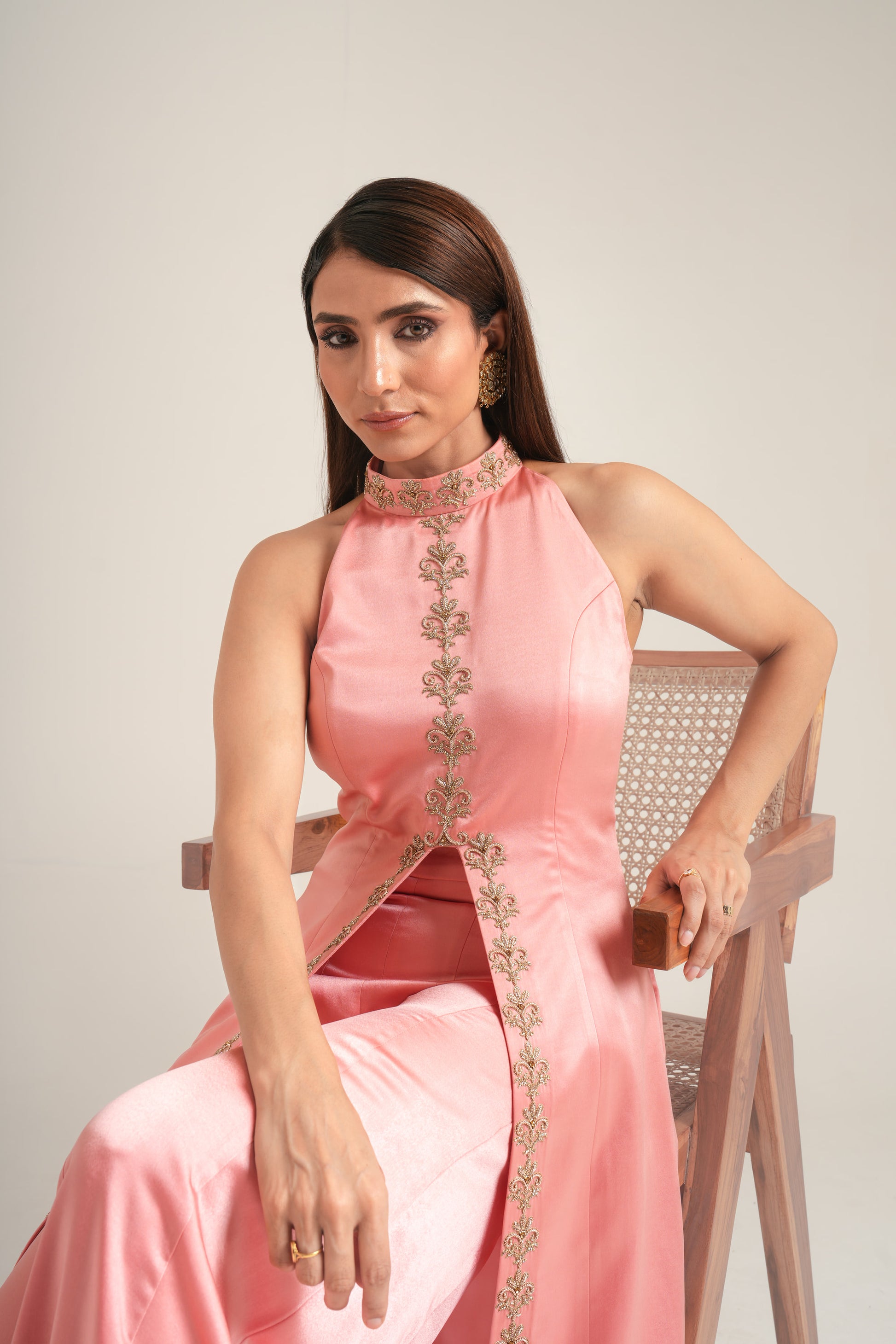 "Midnight at Rose Bar" Overlay Gown with wide-leg trousers