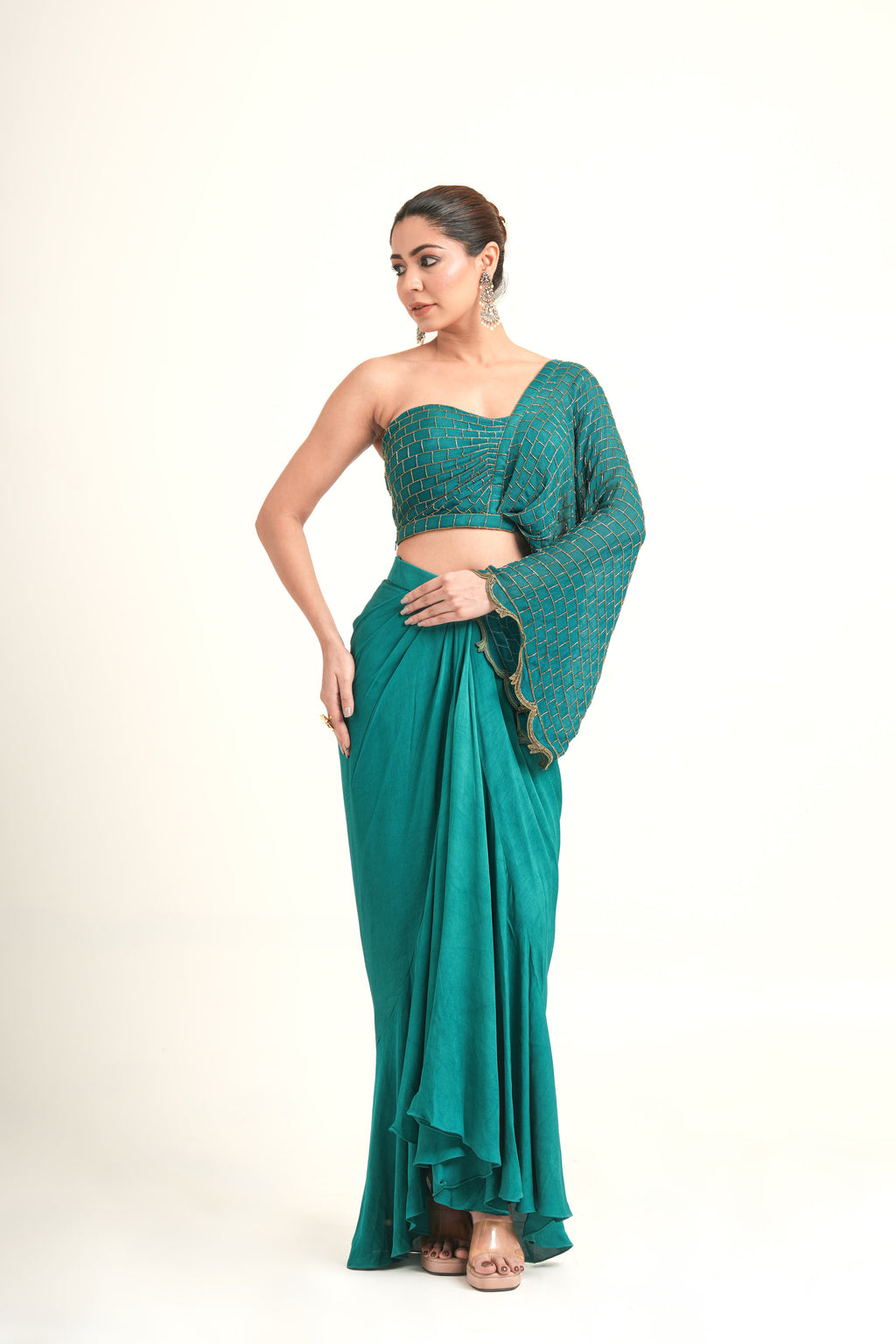"Teal Symphony" Drape Skirt & Blouse