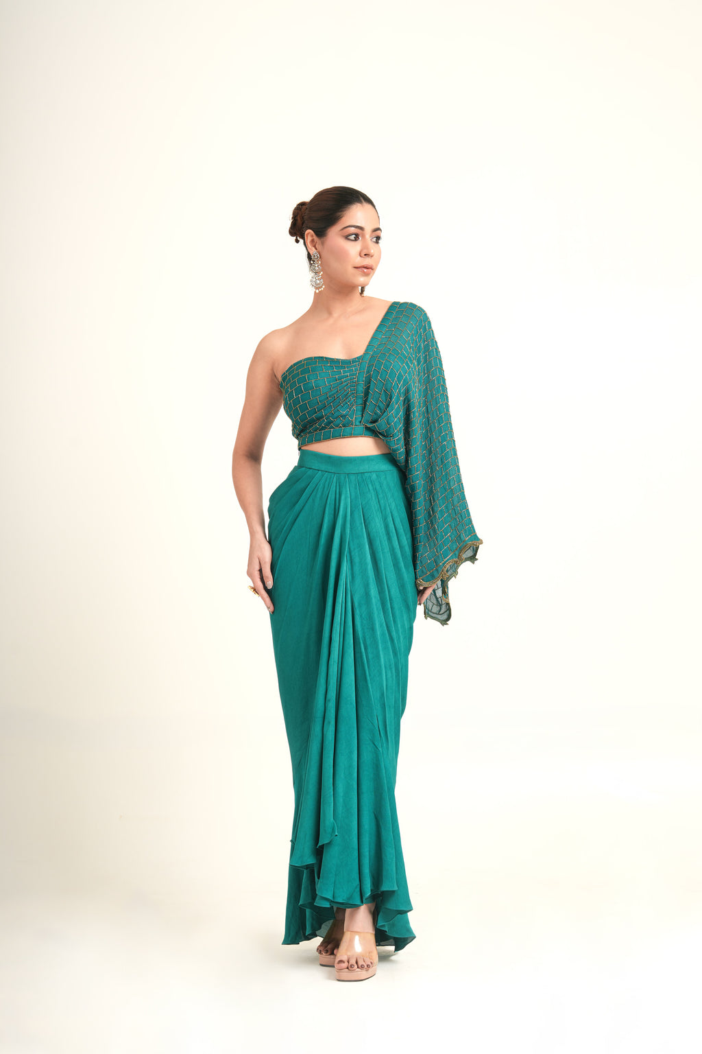 "Teal Symphony" Drape Skirt & Blouse