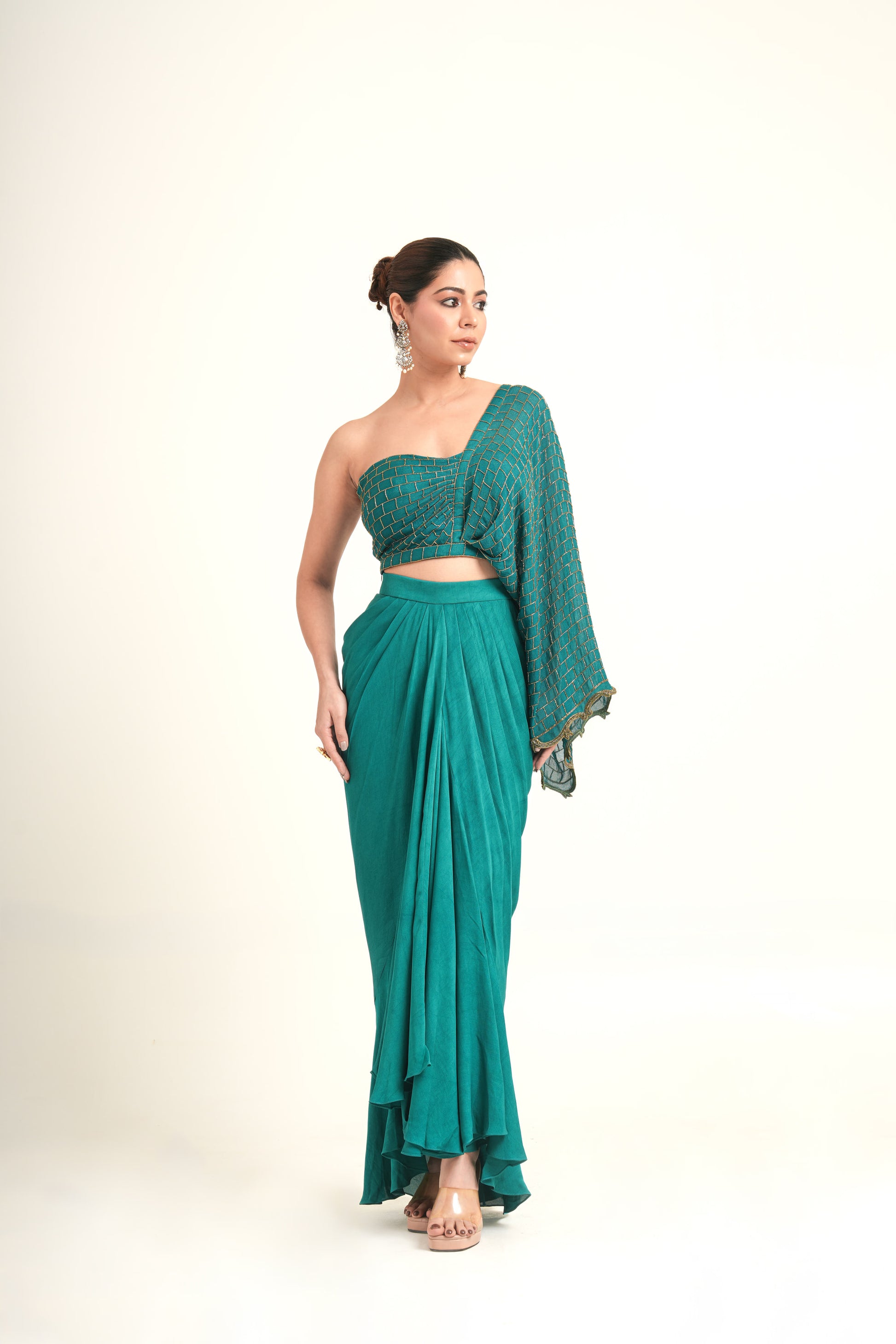 "Teal Symphony" Drape Skirt & Blouse