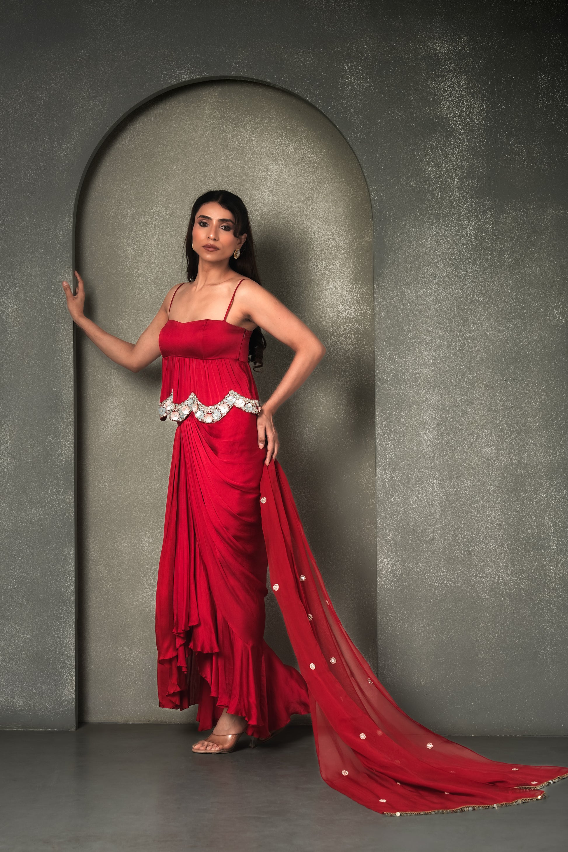 “The Grecian Goddess” Draped Skirt with Peplum Top & Dupatta