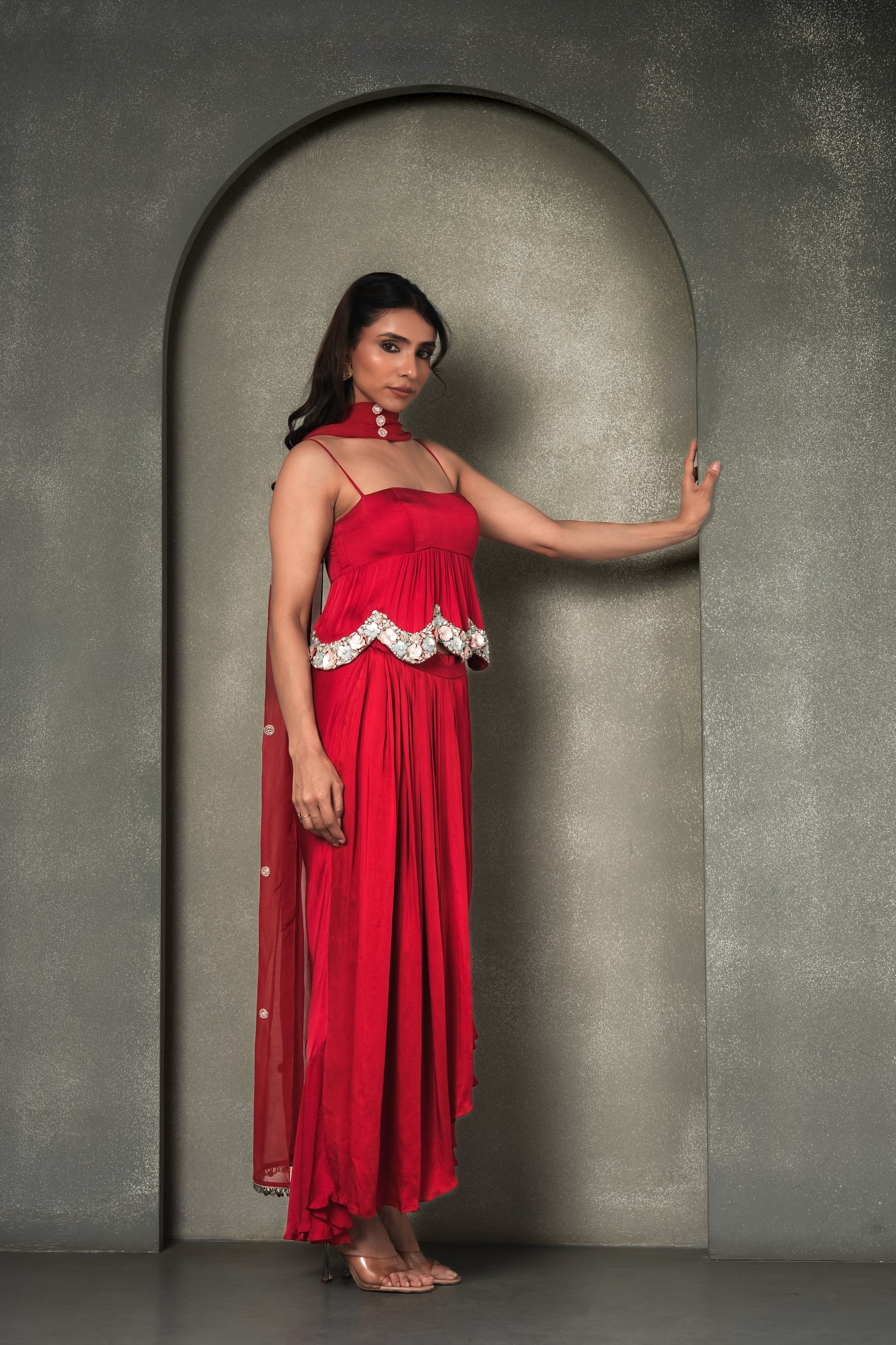 “The Grecian Goddess” Draped Skirt with Peplum Top & Dupatta