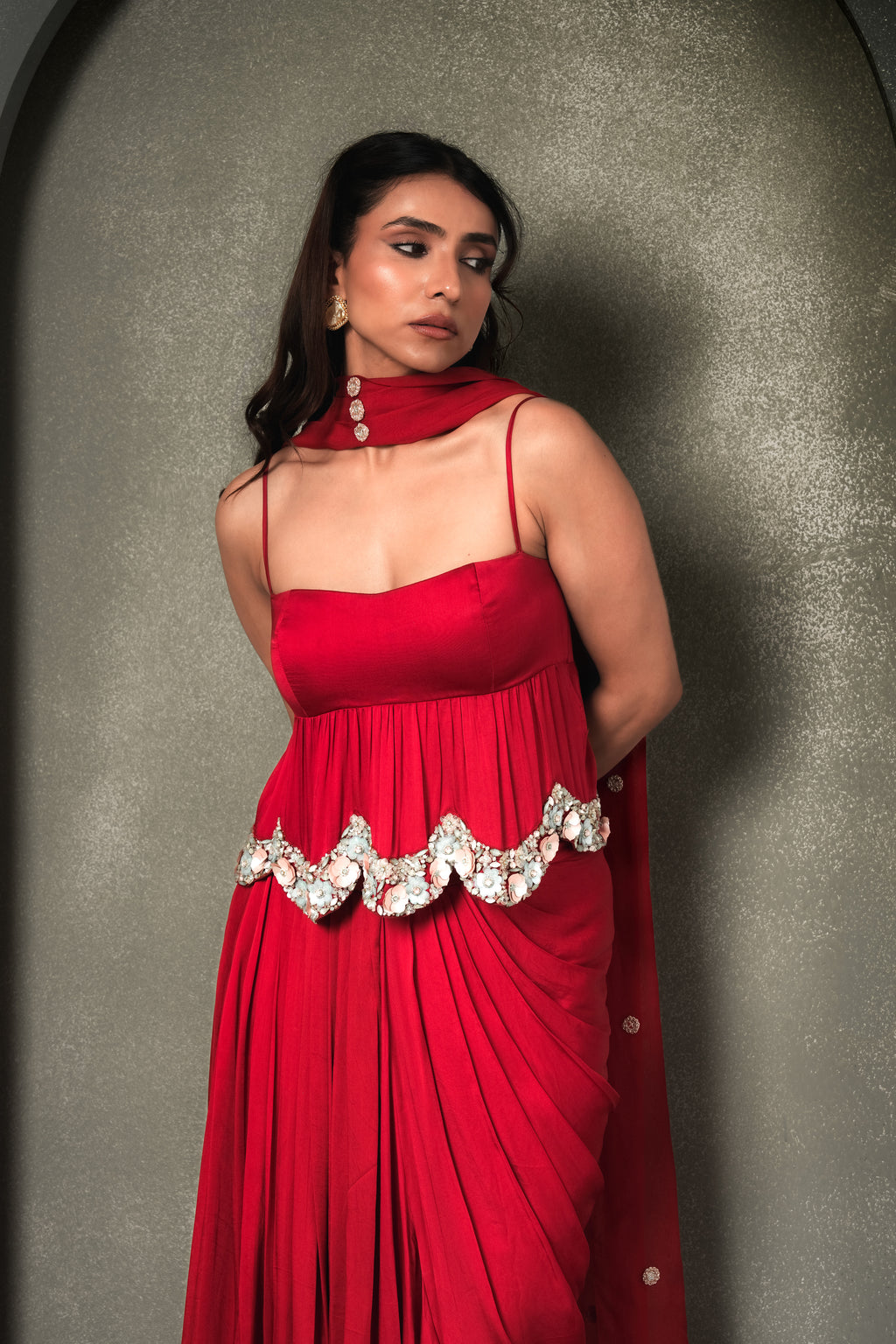 “The Grecian Goddess” Draped Skirt with Peplum Top & Dupatta