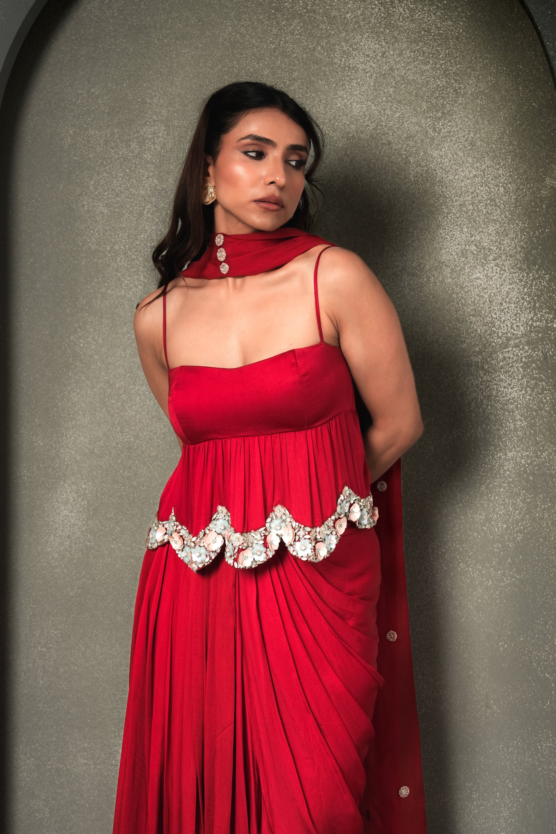 “The Grecian Goddess” Draped Skirt with Peplum Top & Dupatta