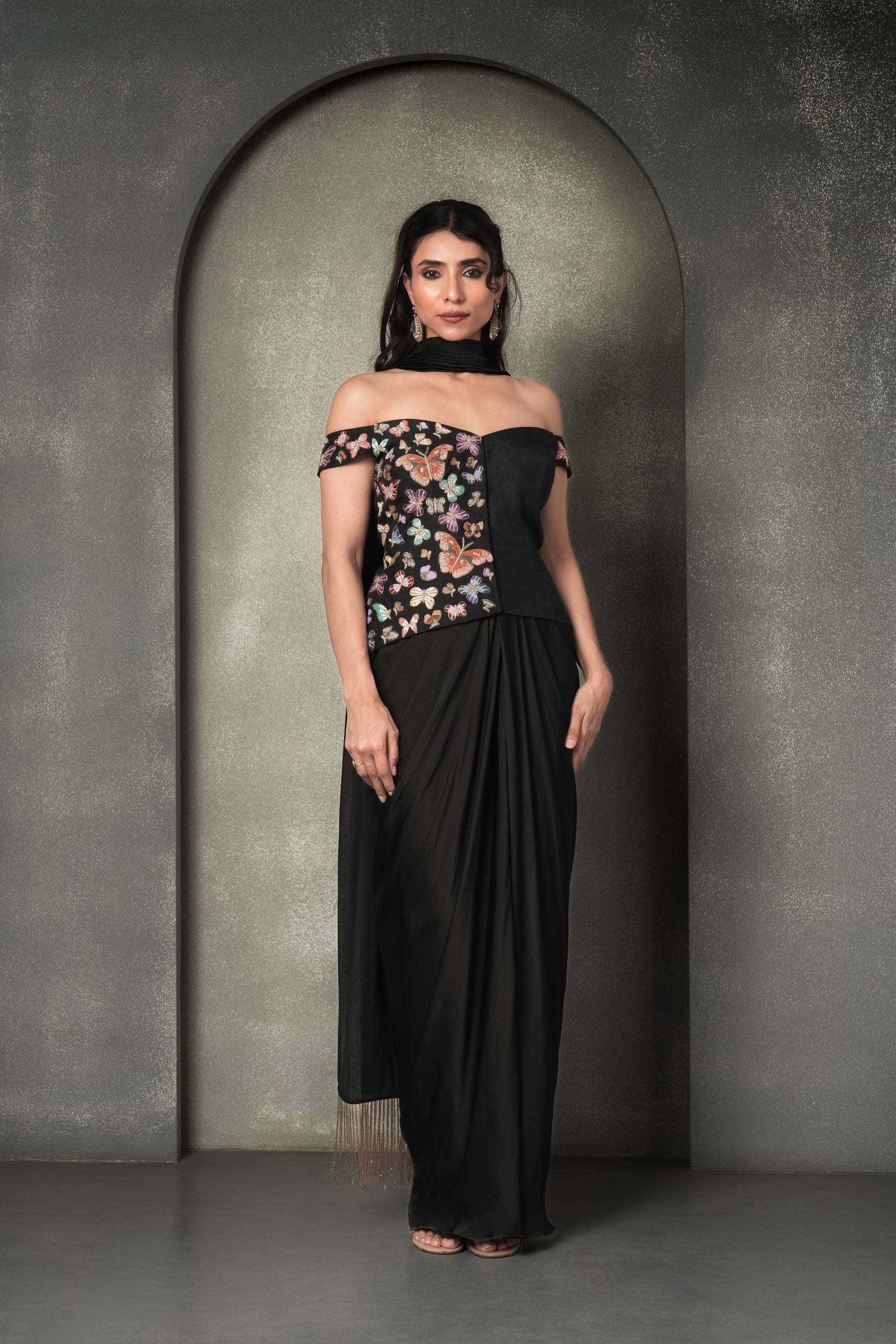 "Moth & Myth" Draped Skirt & Off-Shoulder Corset Blouse