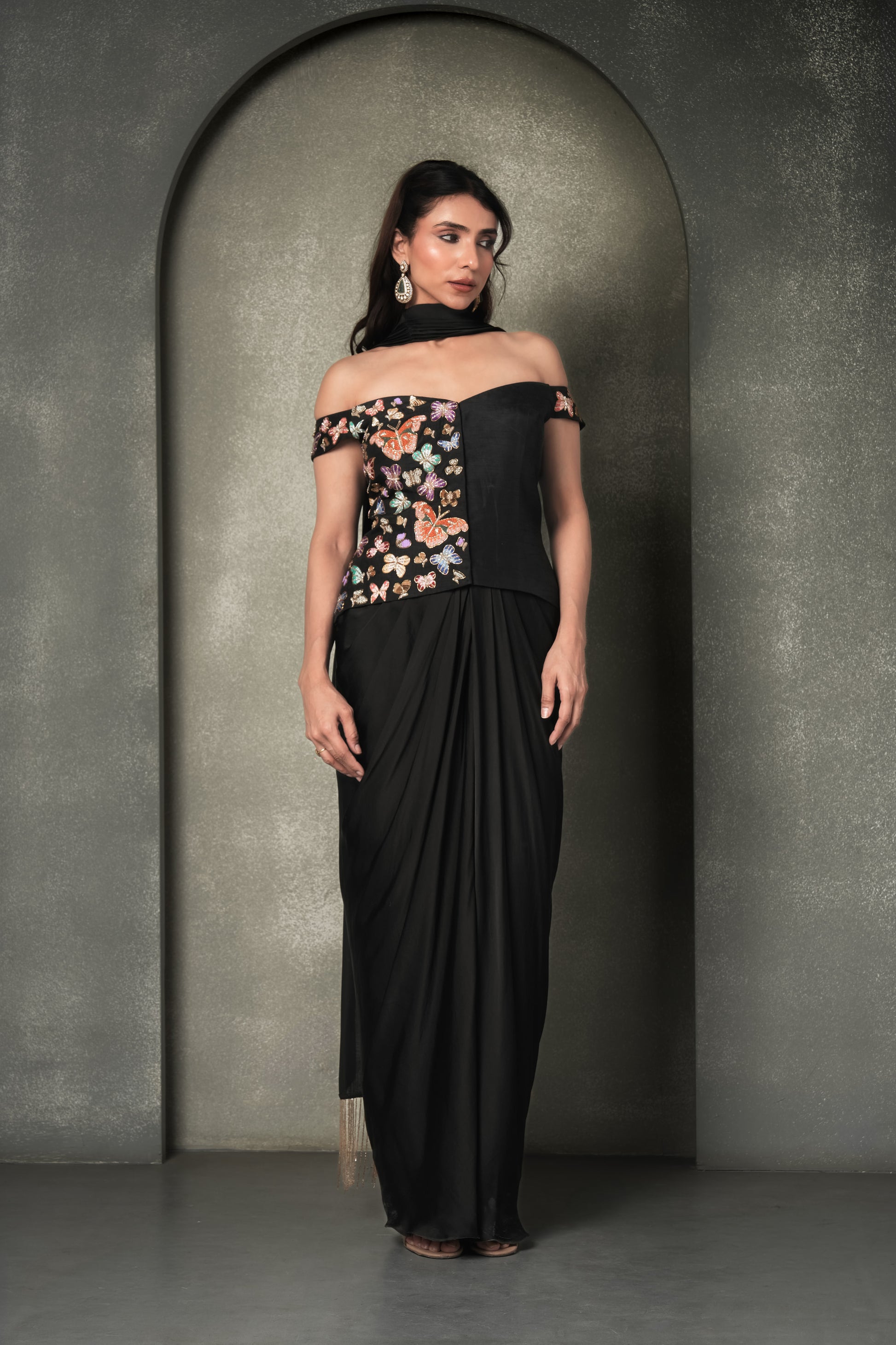 "Moth & Myth" Draped Skirt & Off-Shoulder Corset Blouse