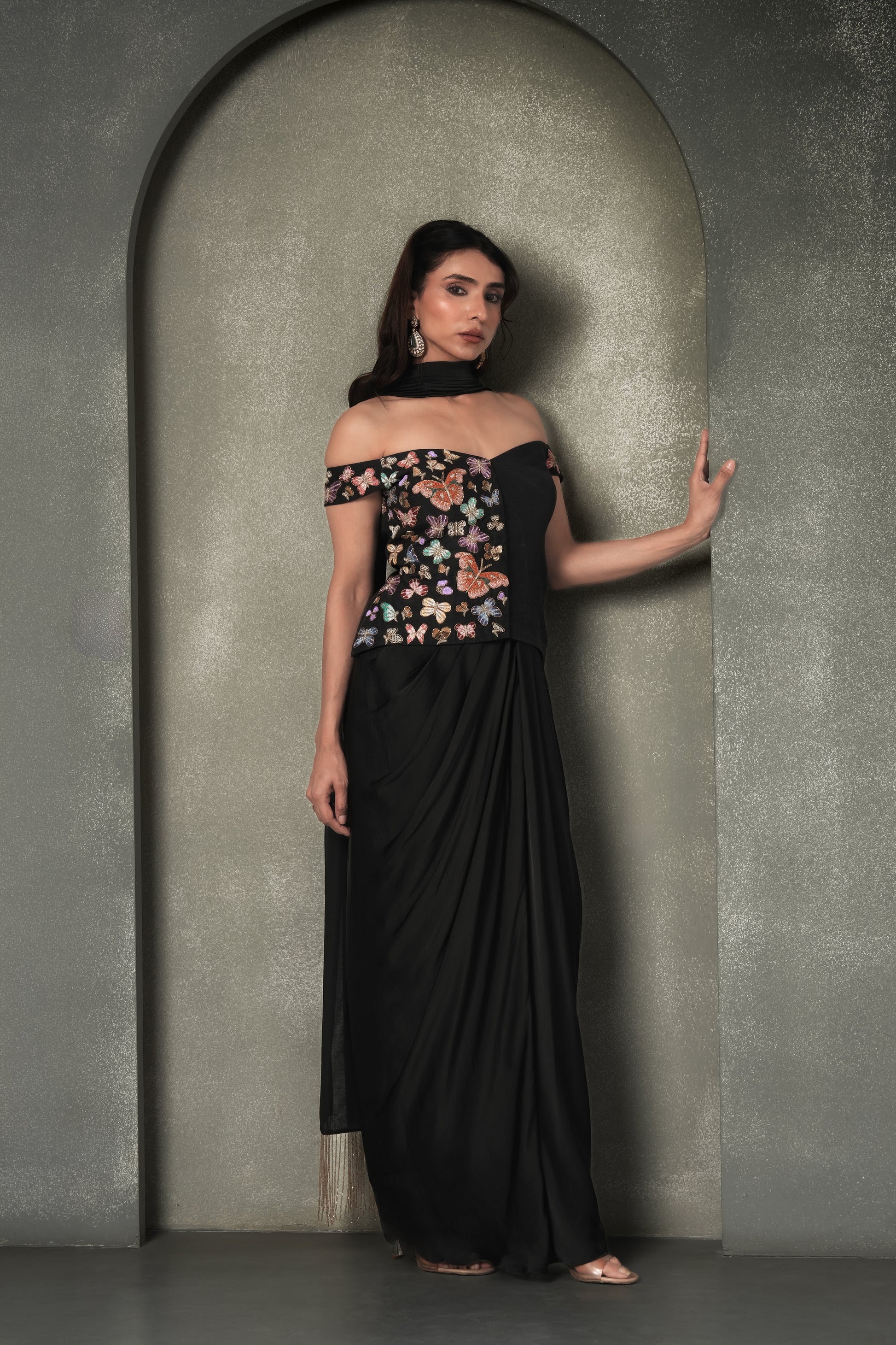 "Moth & Myth" Draped Skirt & Off-Shoulder Corset Blouse