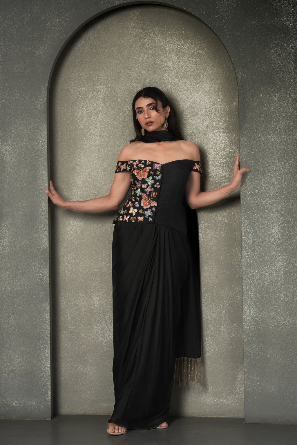 "Moth & Myth" Draped Skirt & Off-Shoulder Corset Blouse