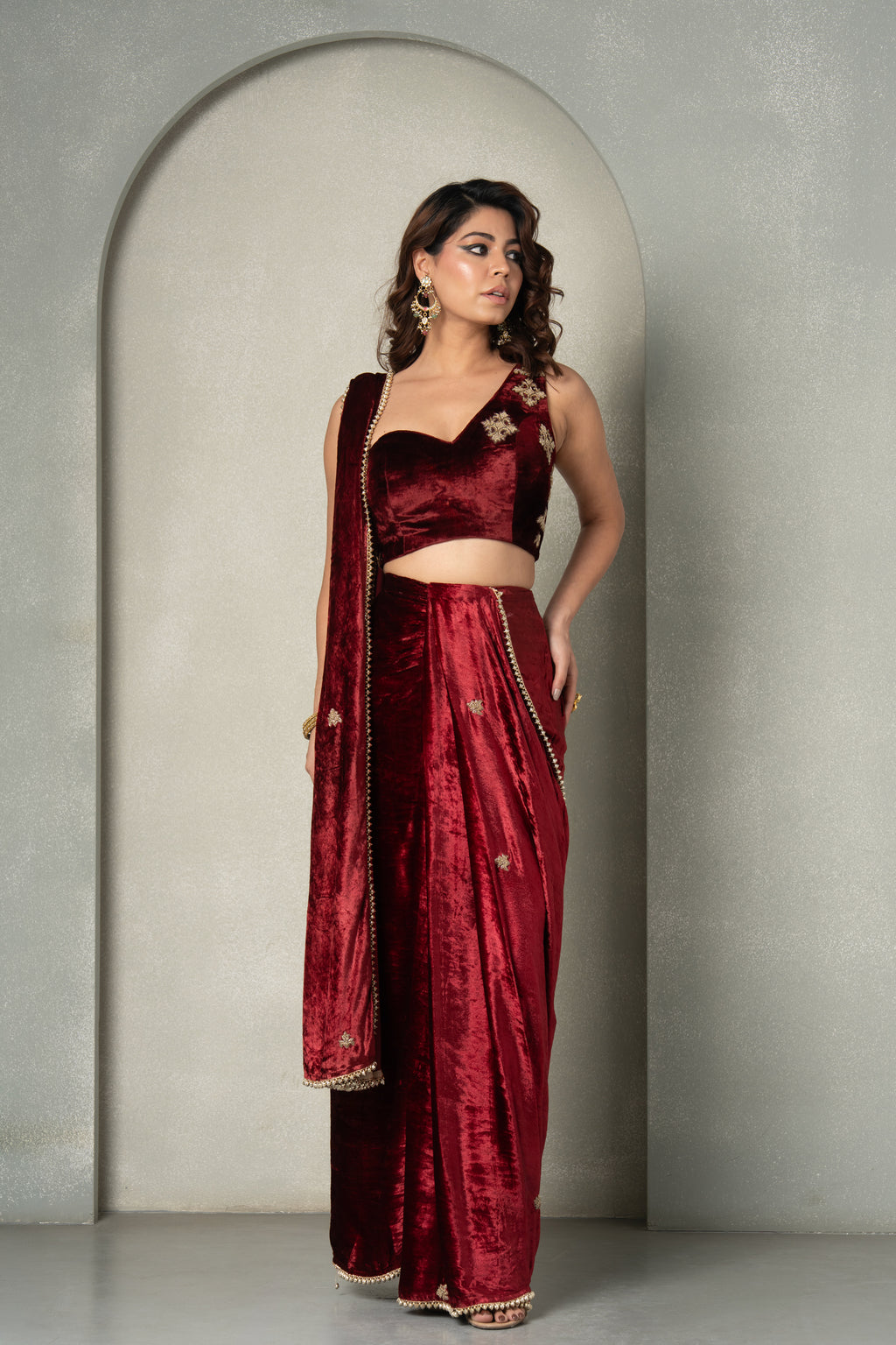 "OxBlood" Velvet Pre-Draped Saree & Blouse