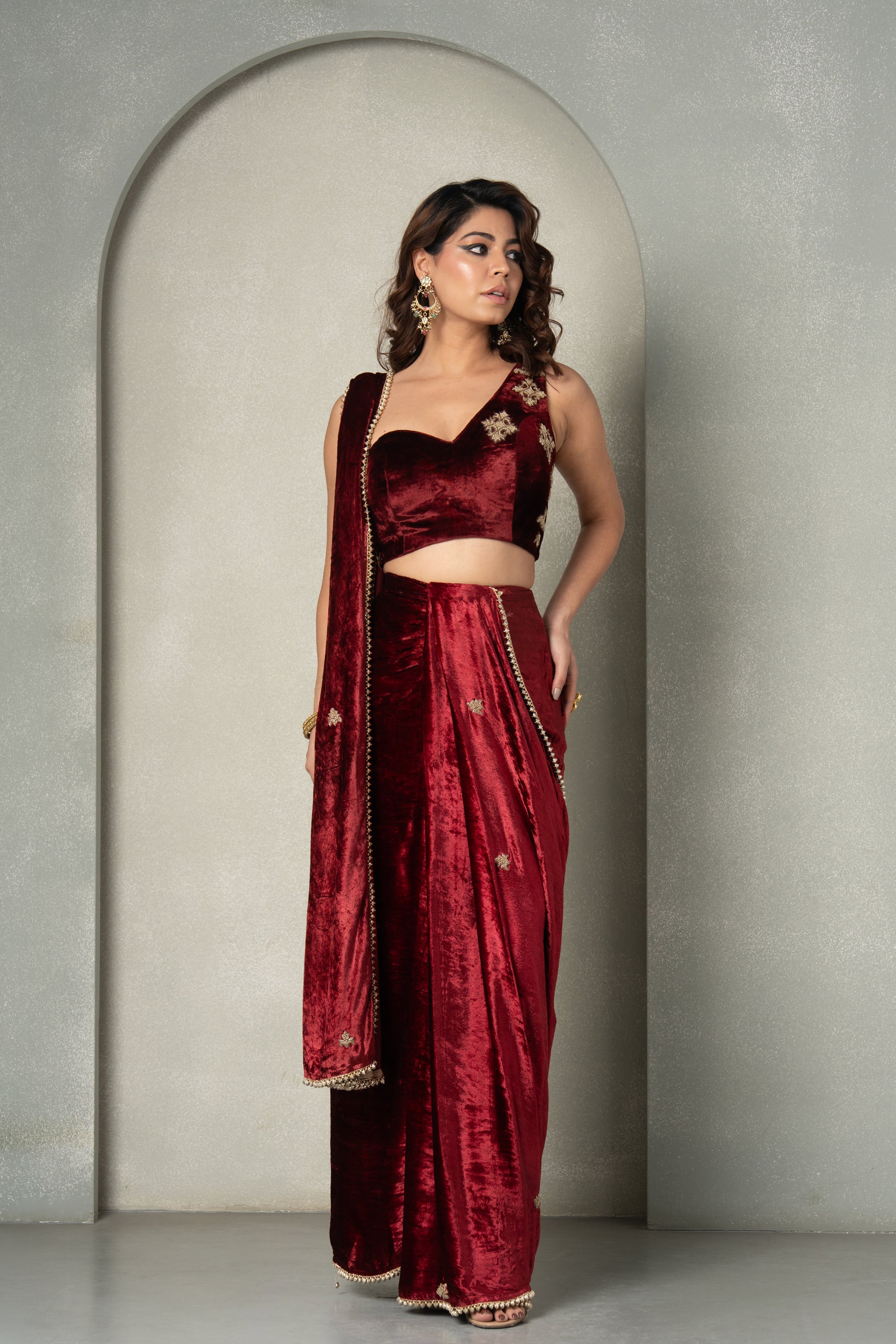 "OxBlood" Velvet Pre-Draped Saree & Blouse