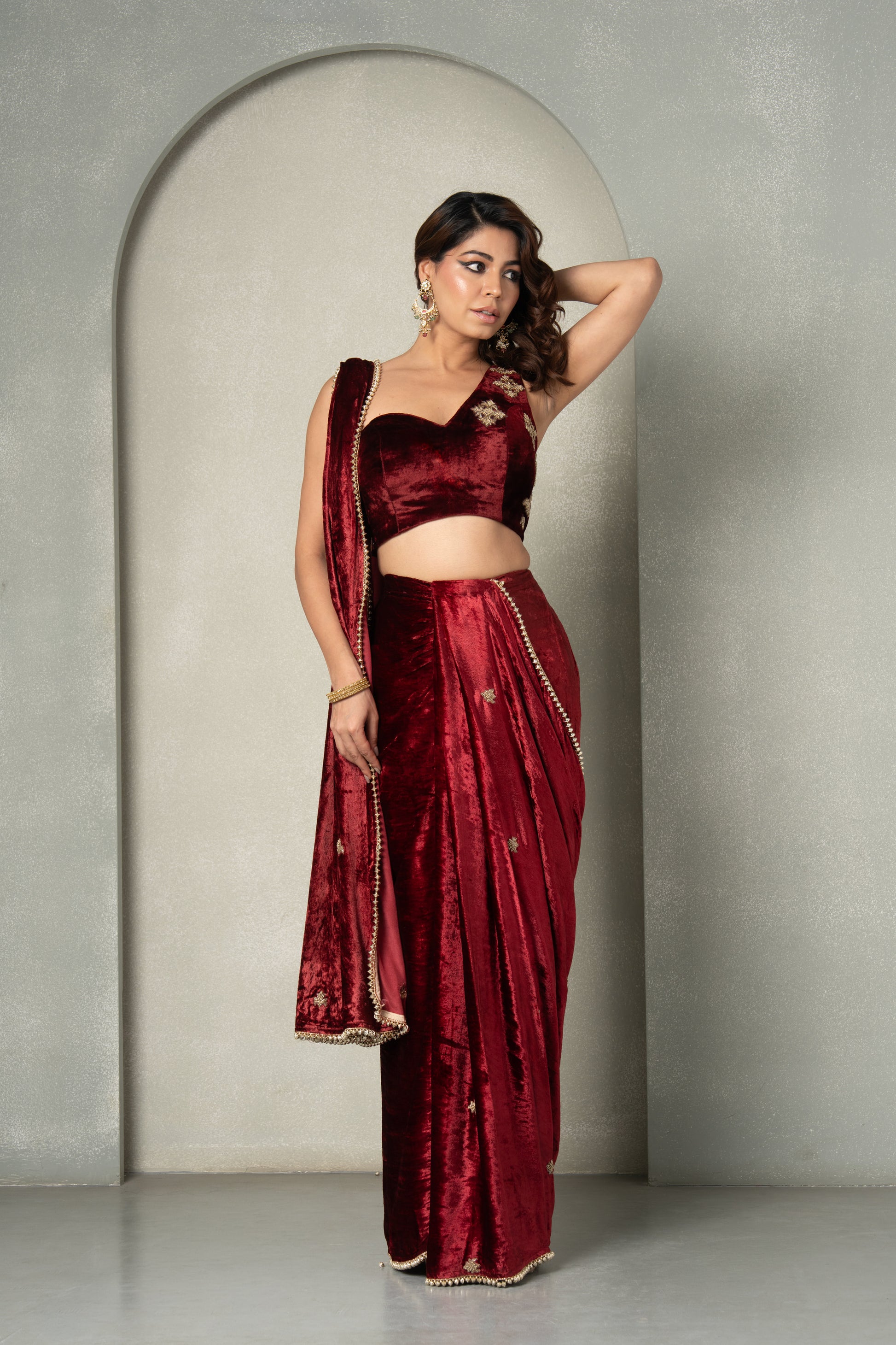 "OxBlood" Velvet Pre-Draped Saree & Blouse