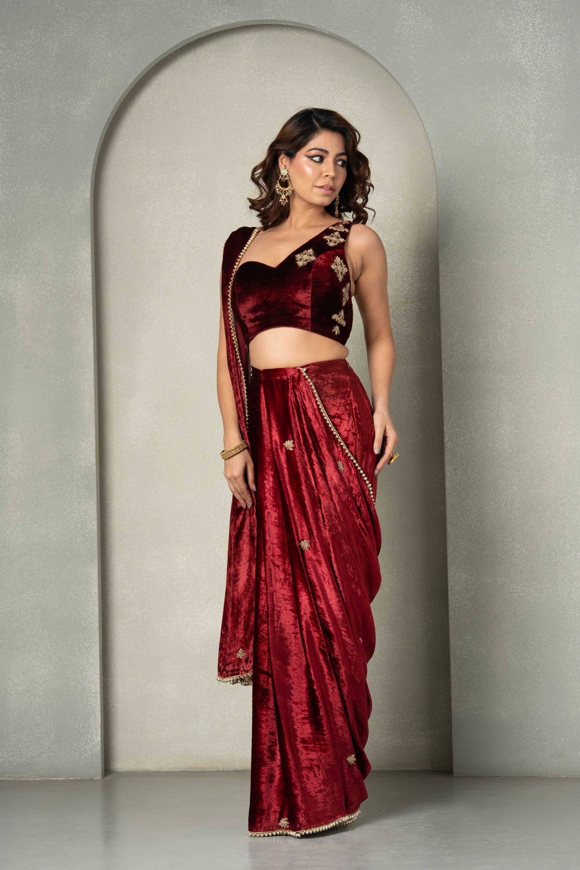 "OxBlood" Velvet Pre-Draped Saree & Blouse