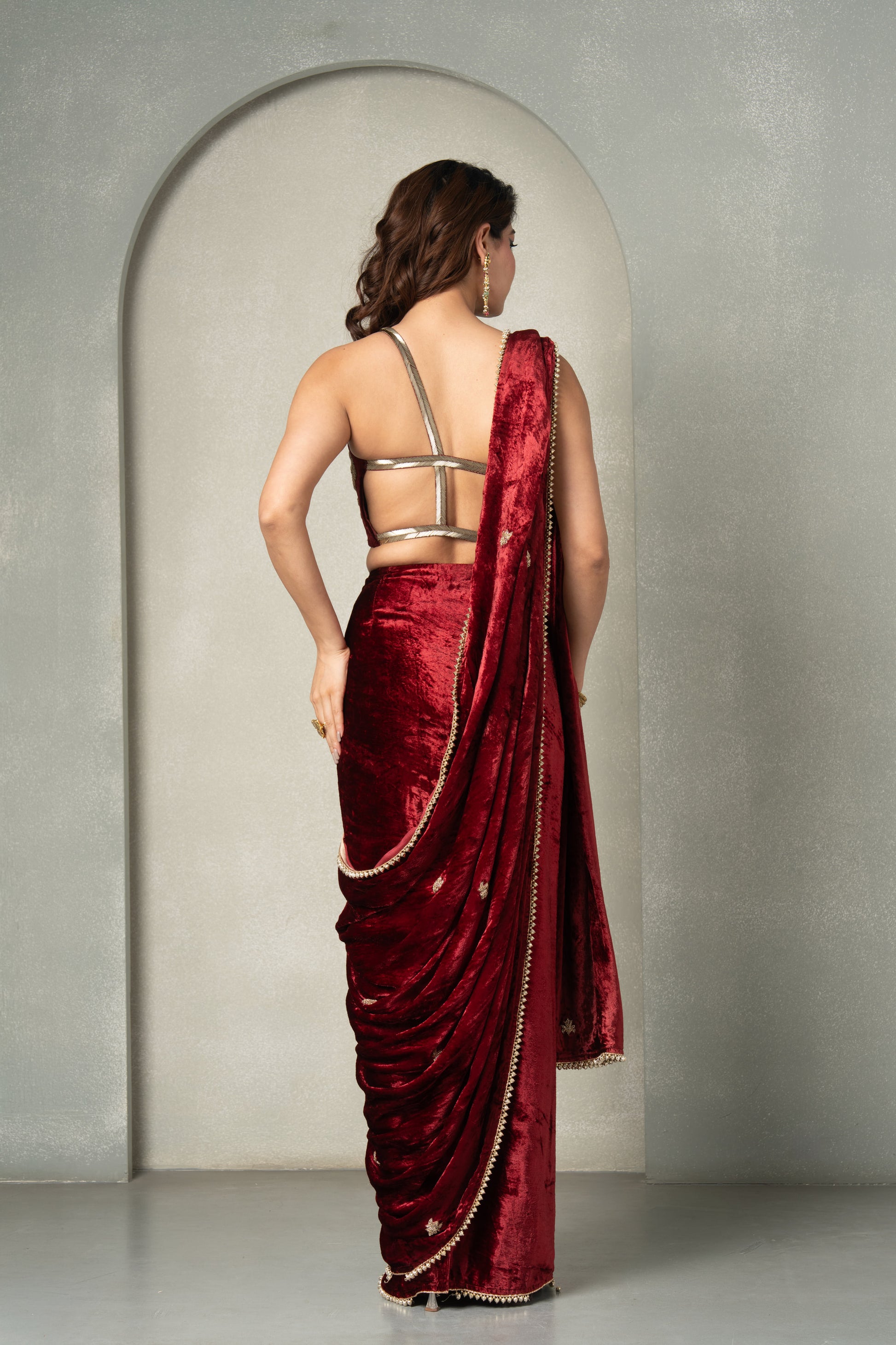 "OxBlood" Velvet Pre-Draped Saree & Blouse