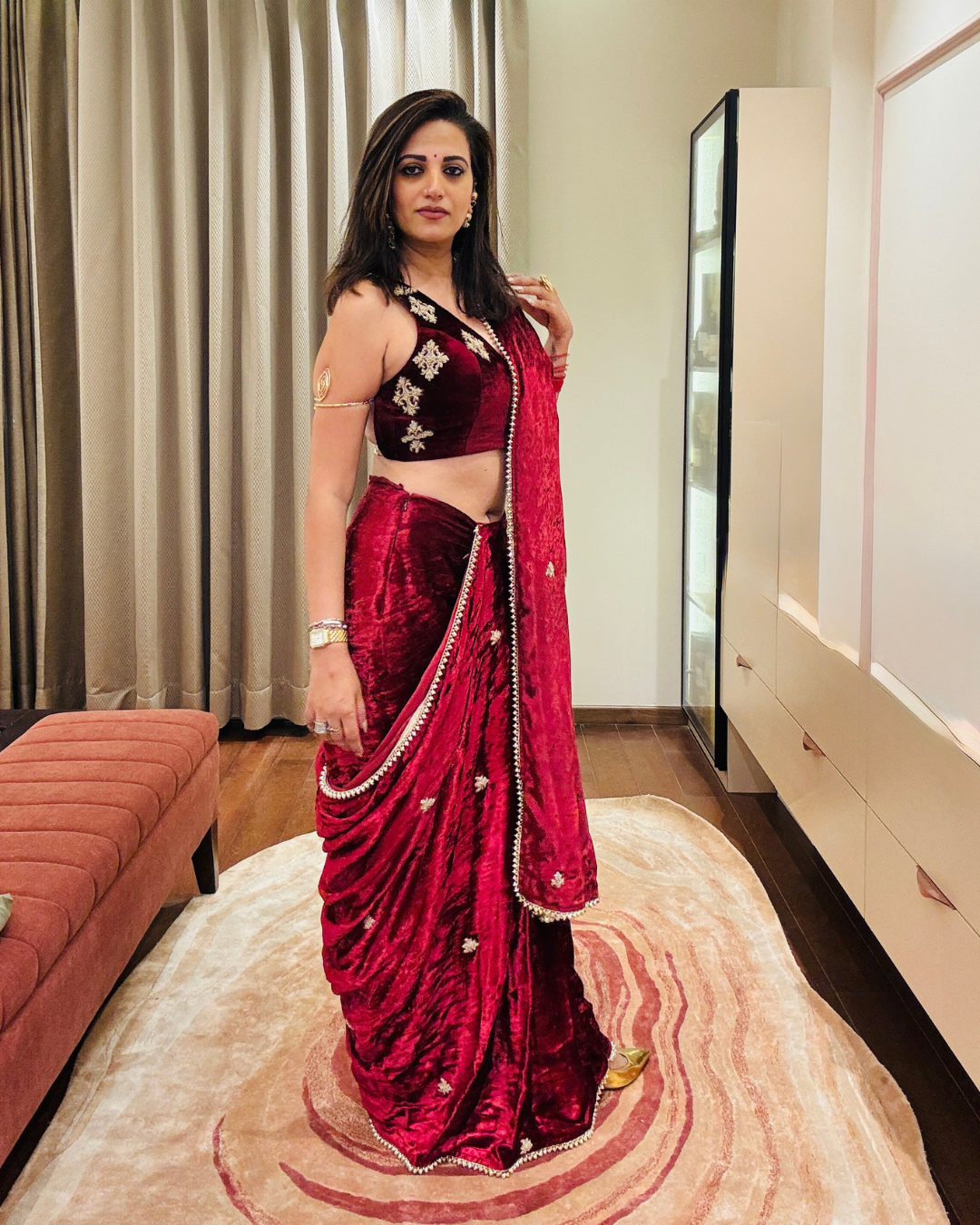 "OxBlood" Velvet Pre-Draped Saree & Blouse