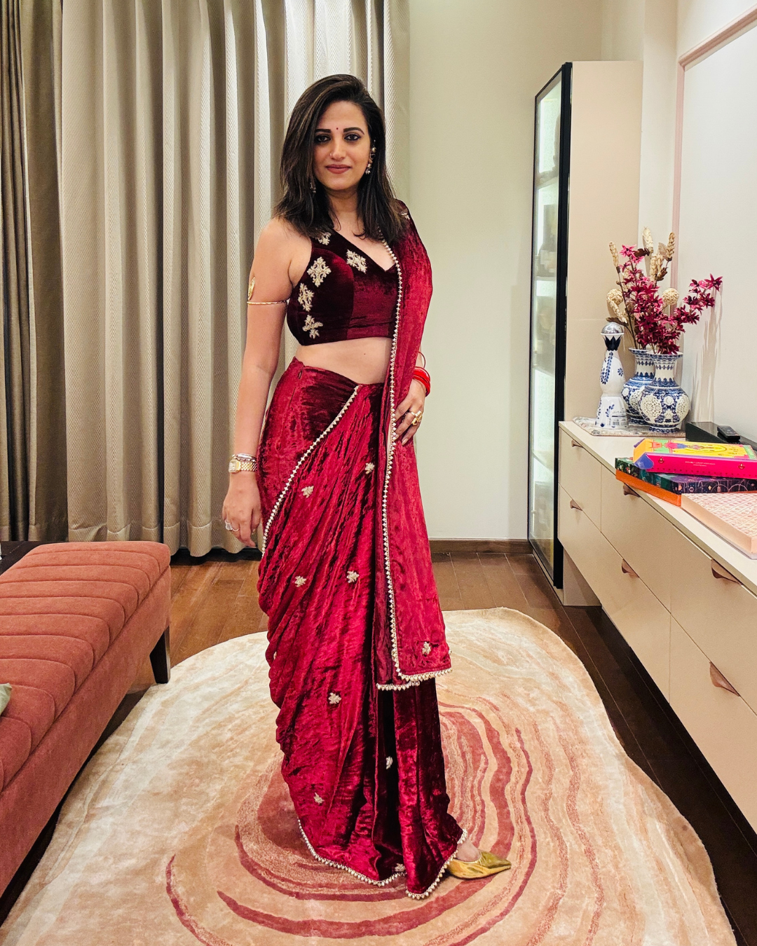 "OxBlood" Velvet Pre-Draped Saree & Blouse