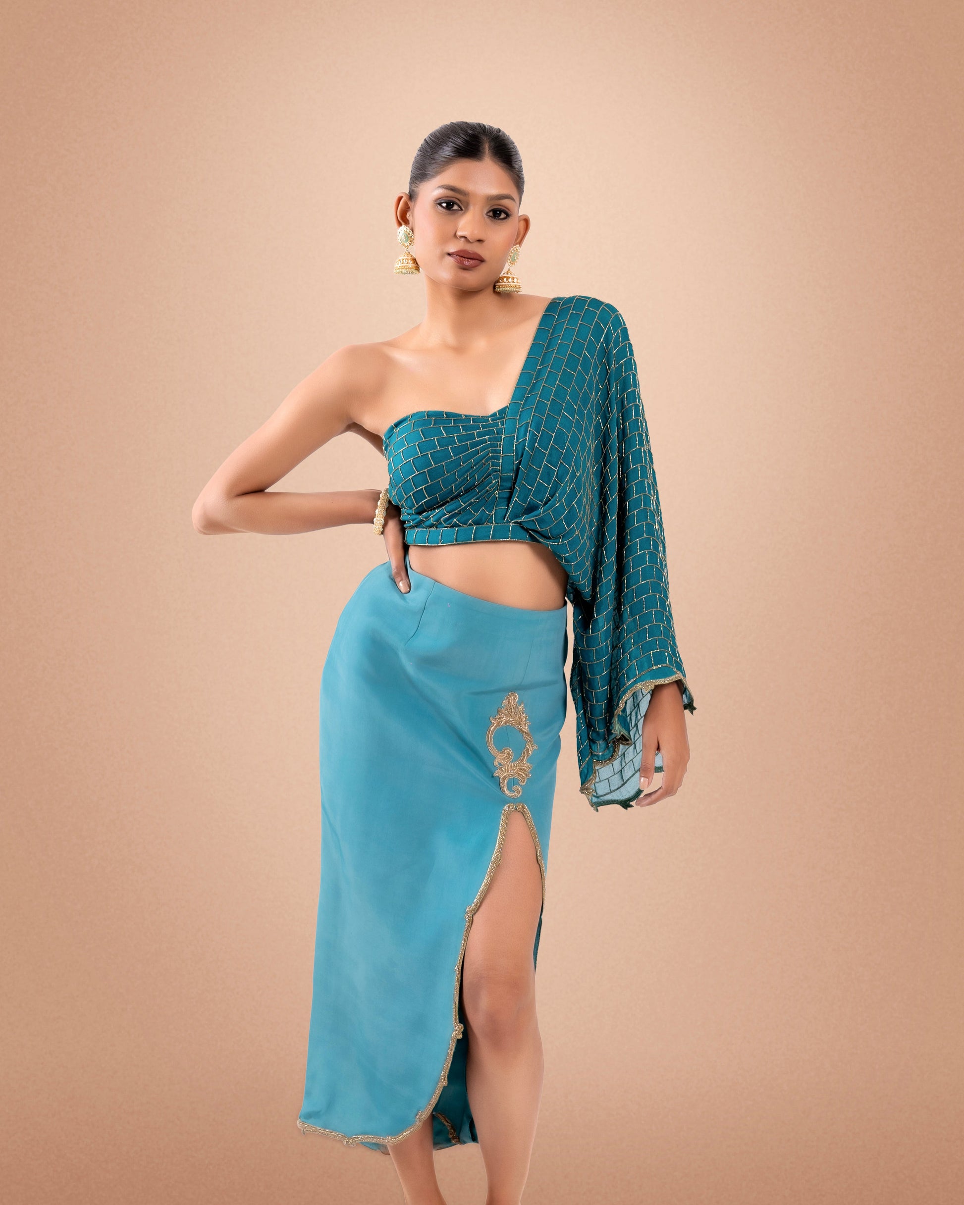“Teal Symphony” Slit Skirt & Draped Blouse
