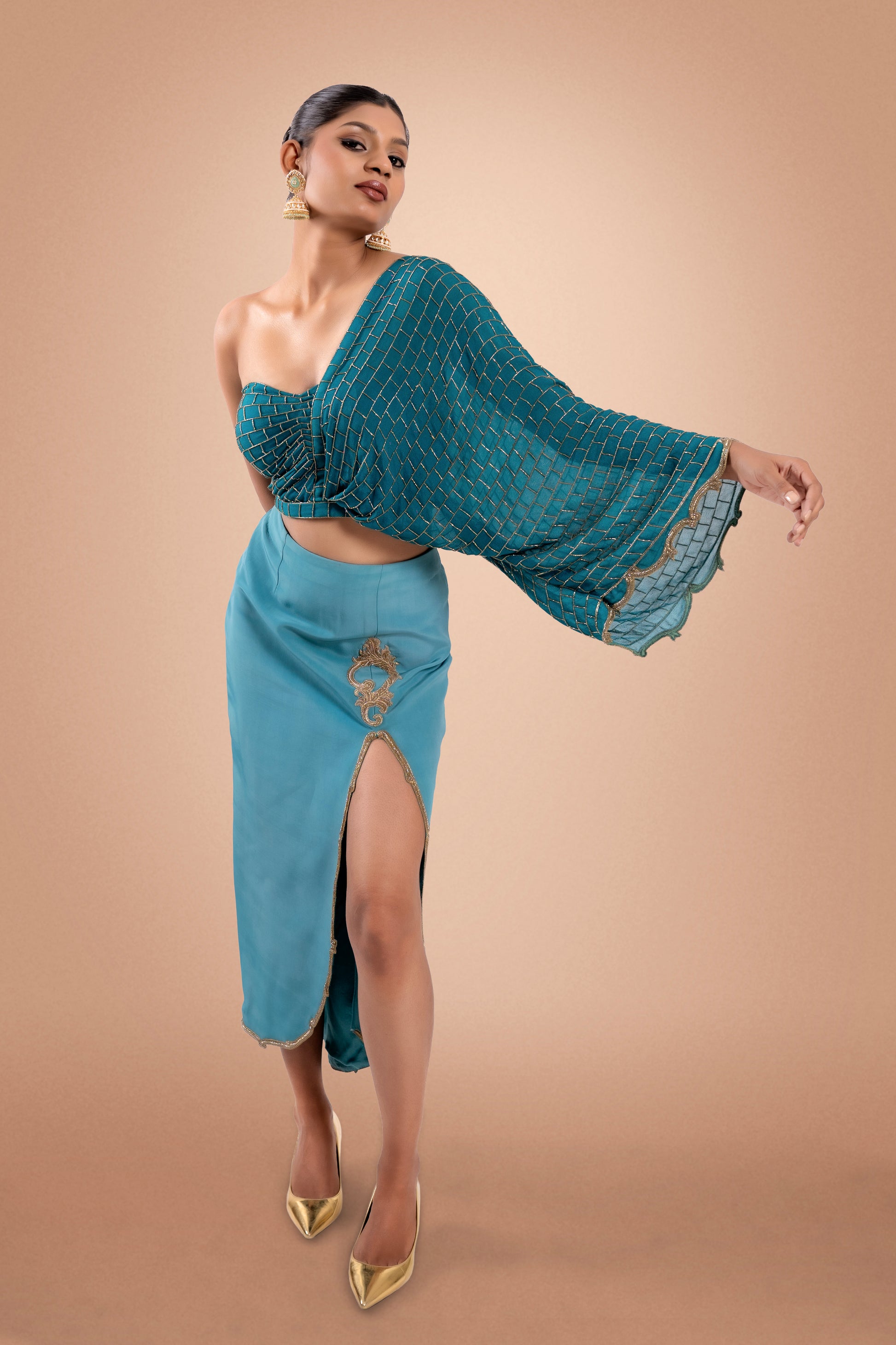 “Teal Symphony” Slit Skirt & Draped Blouse