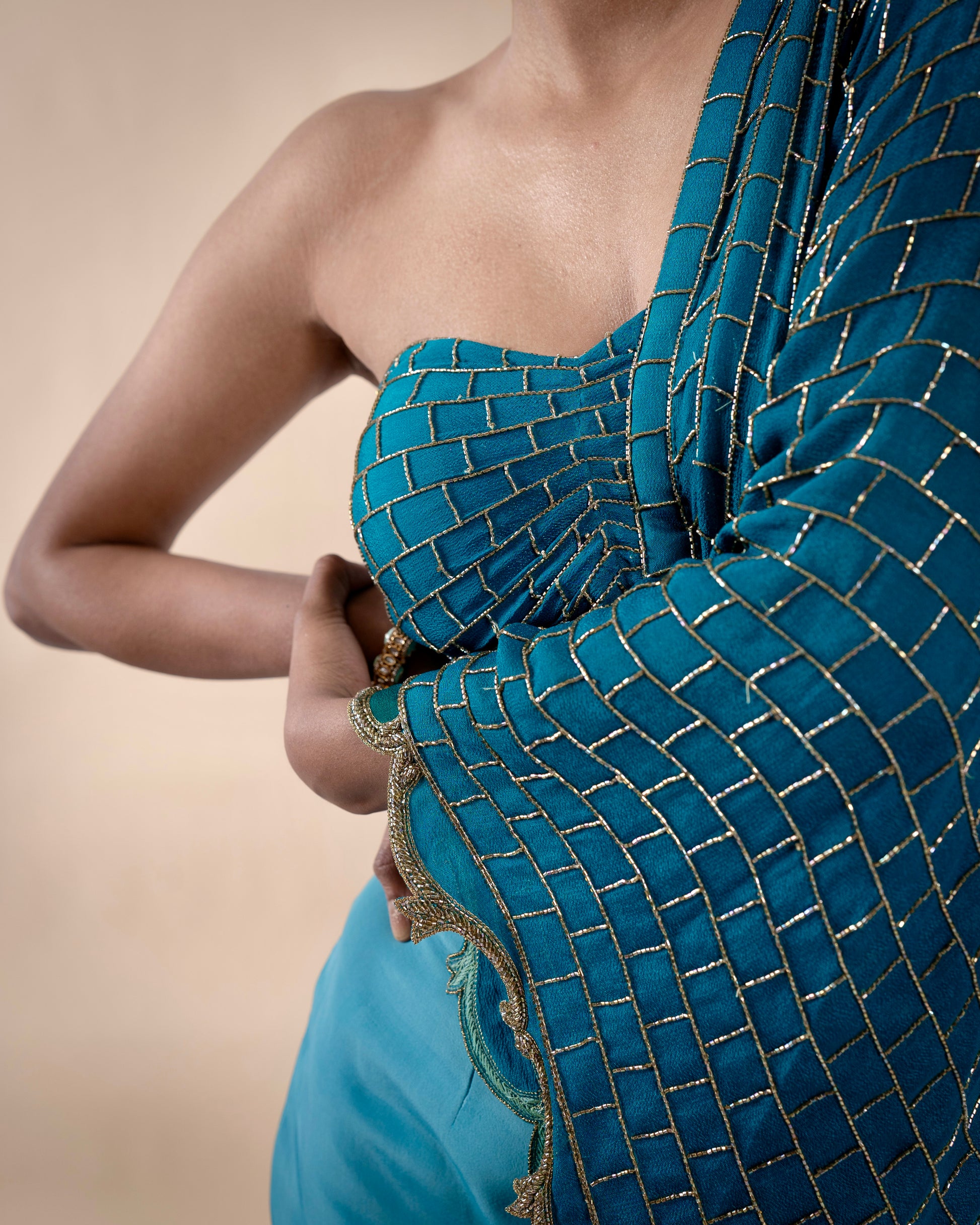 “Teal Symphony” Slit Skirt & Draped Blouse