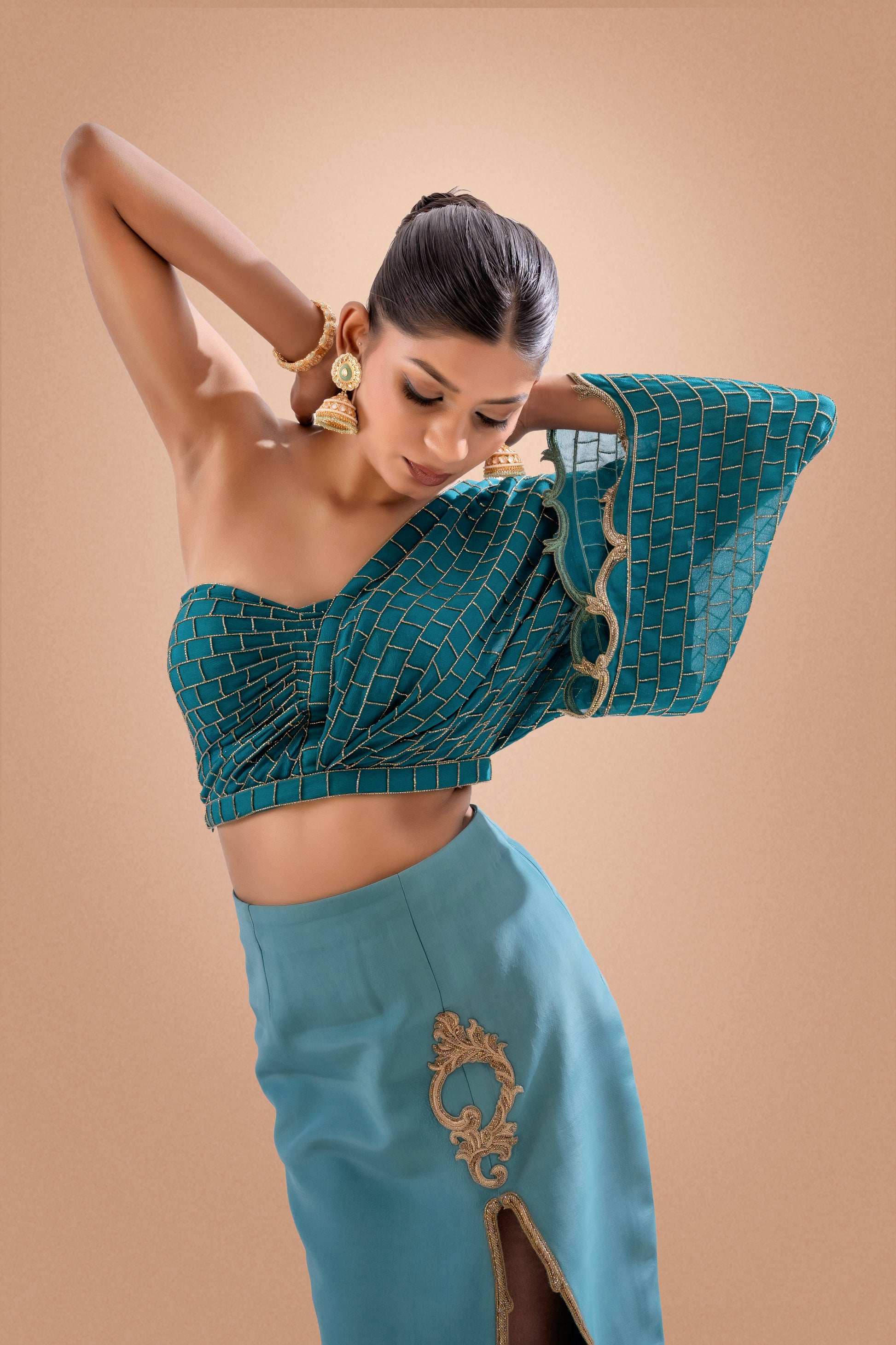 “Teal Symphony” Slit Skirt & Draped Blouse