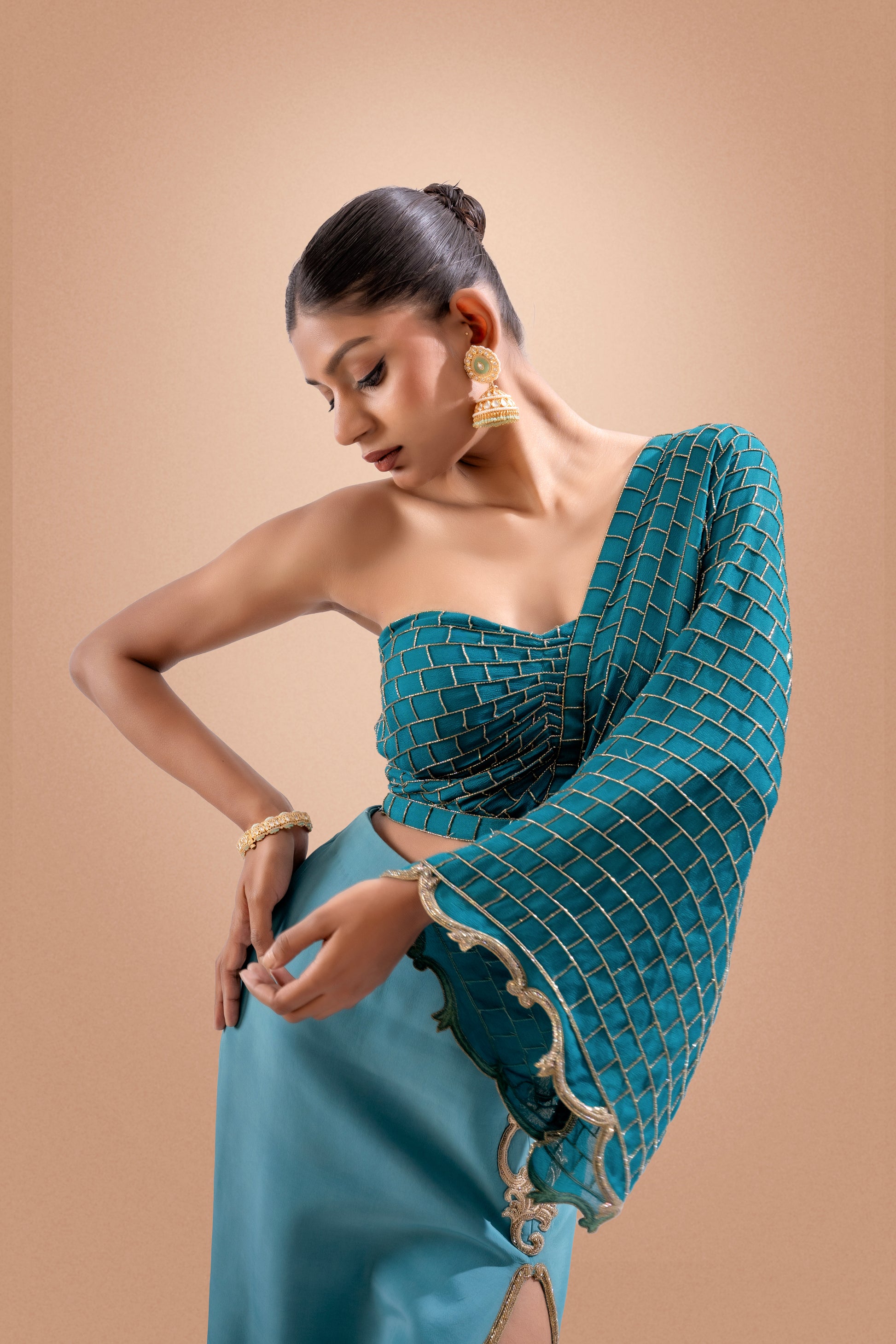“Teal Symphony” Slit Skirt & Draped Blouse