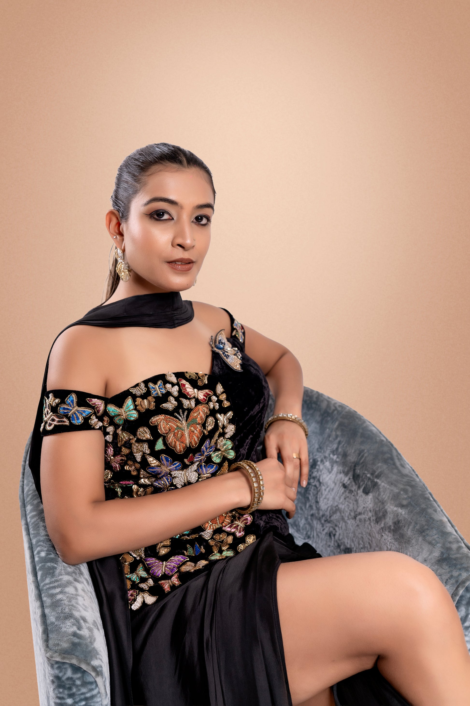 "Moth & Myth" Draped Skirt & Off-Shoulder Corset Blouse
