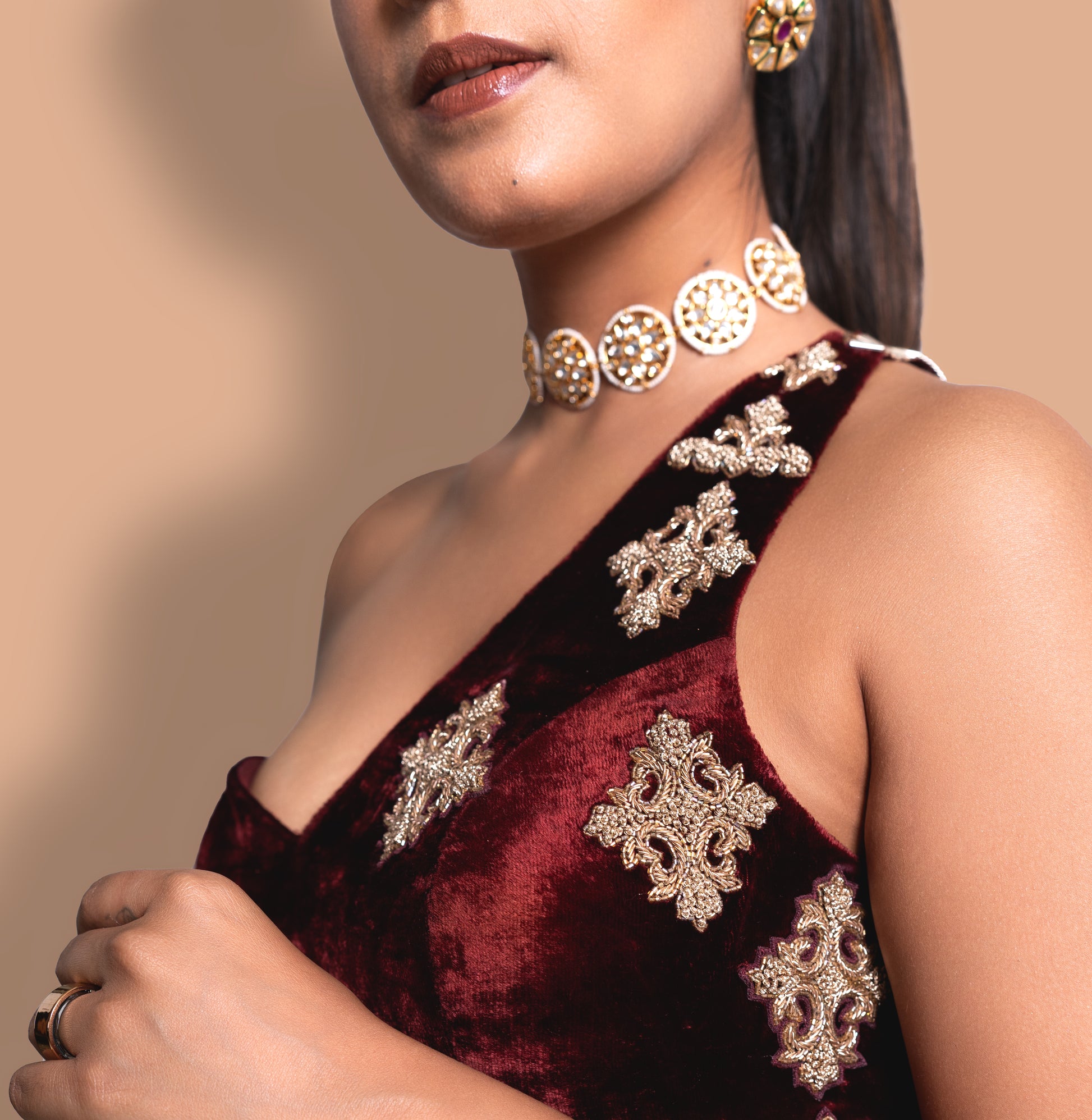"OxBlood" Velvet Pre-Draped Saree & Blouse