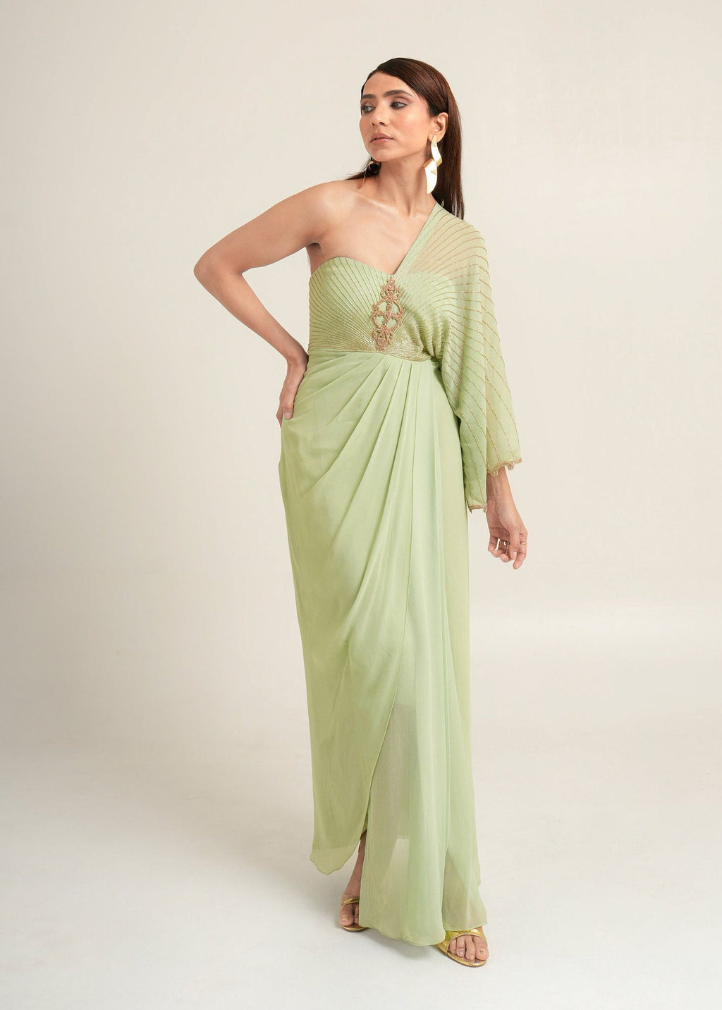 "Pistachio Symphony" One-Shoulder Drape Gown