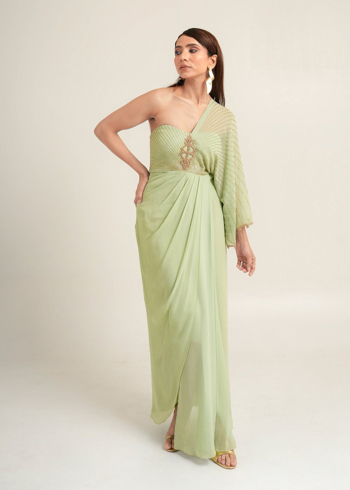 "Pistachio Symphony" One-Shoulder Drape Gown
