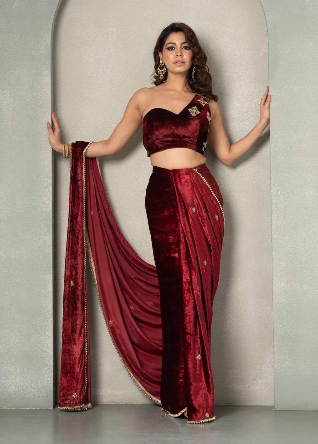 "OxBlood" Velvet Pre-Draped Saree & Blouse
