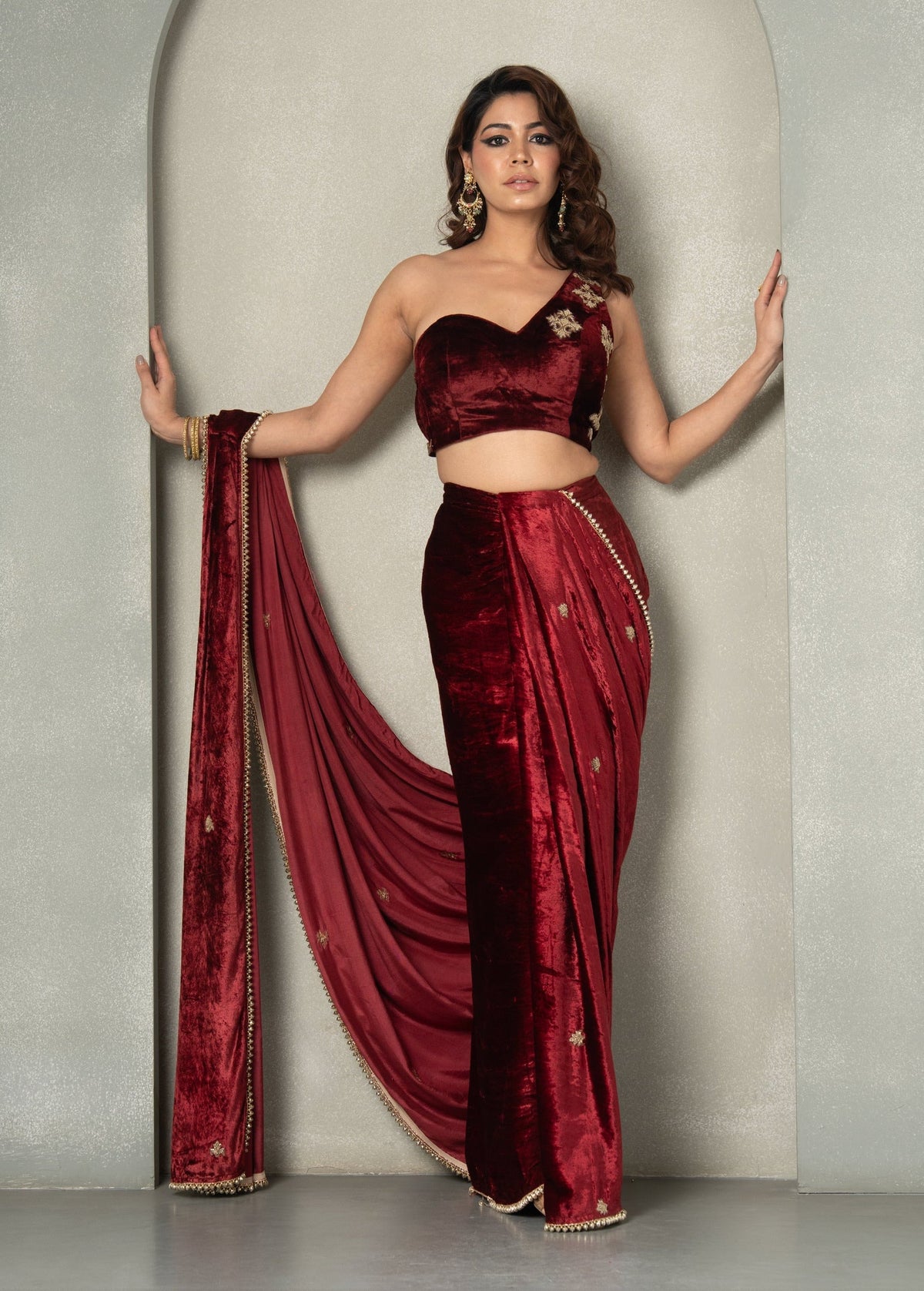 "OxBlood" Velvet Pre-Draped Saree & Blouse
