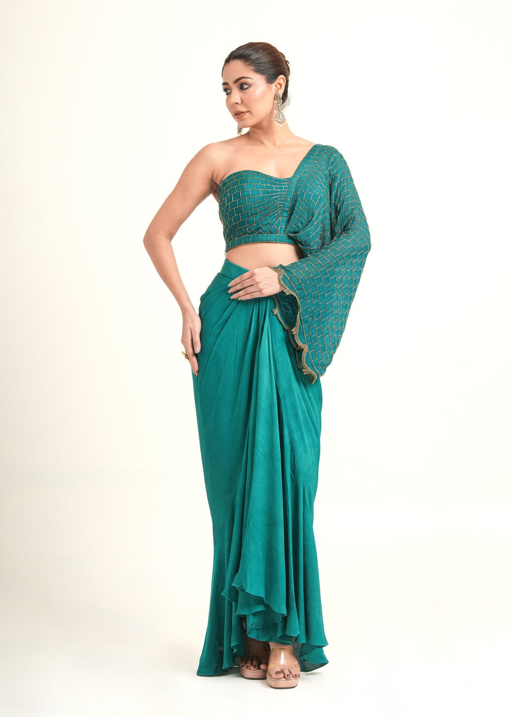 "Teal Symphony" Drape Skirt & Blouse