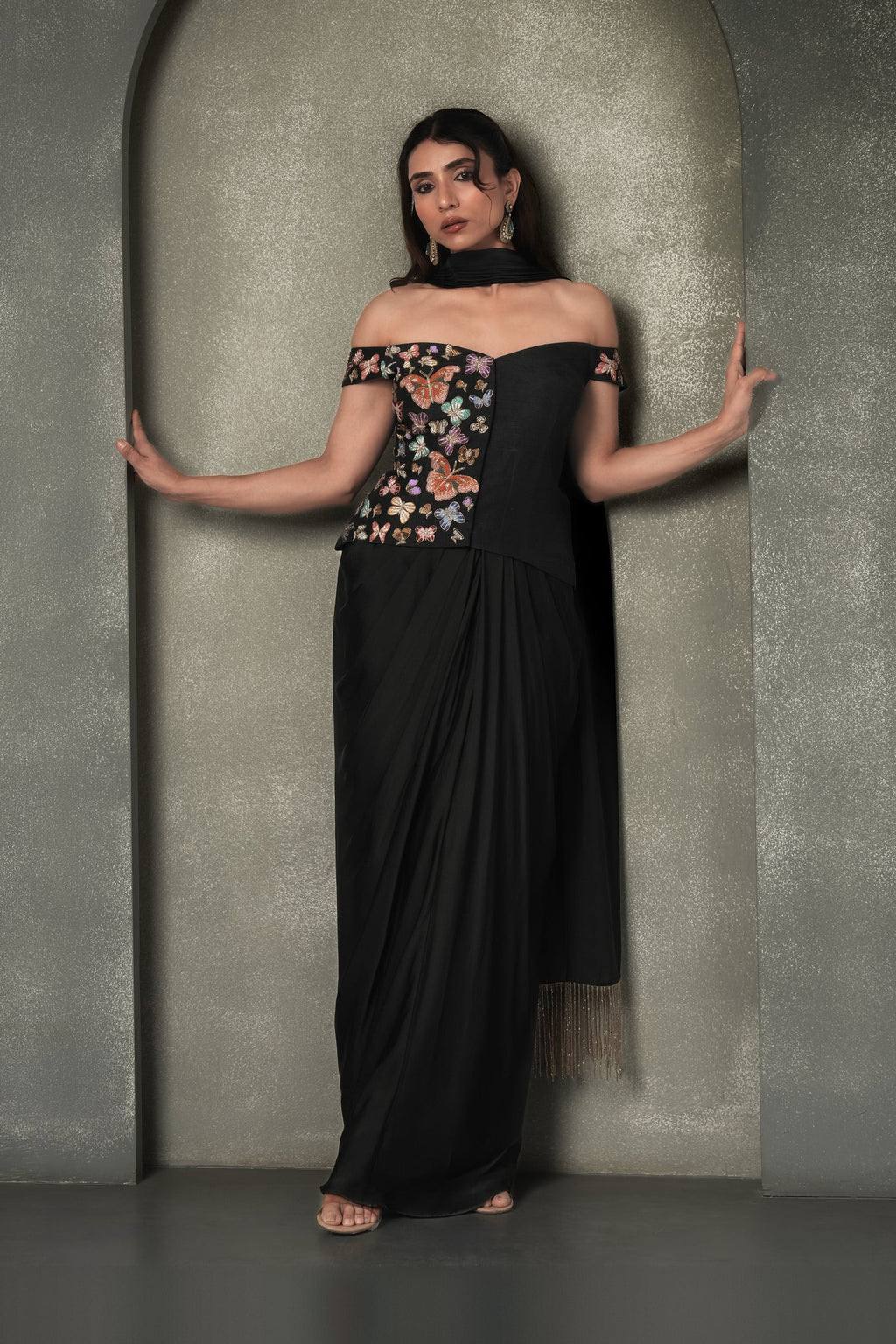 "Moth & Myth" Draped Skirt & Off-Shoulder Corset Blouse