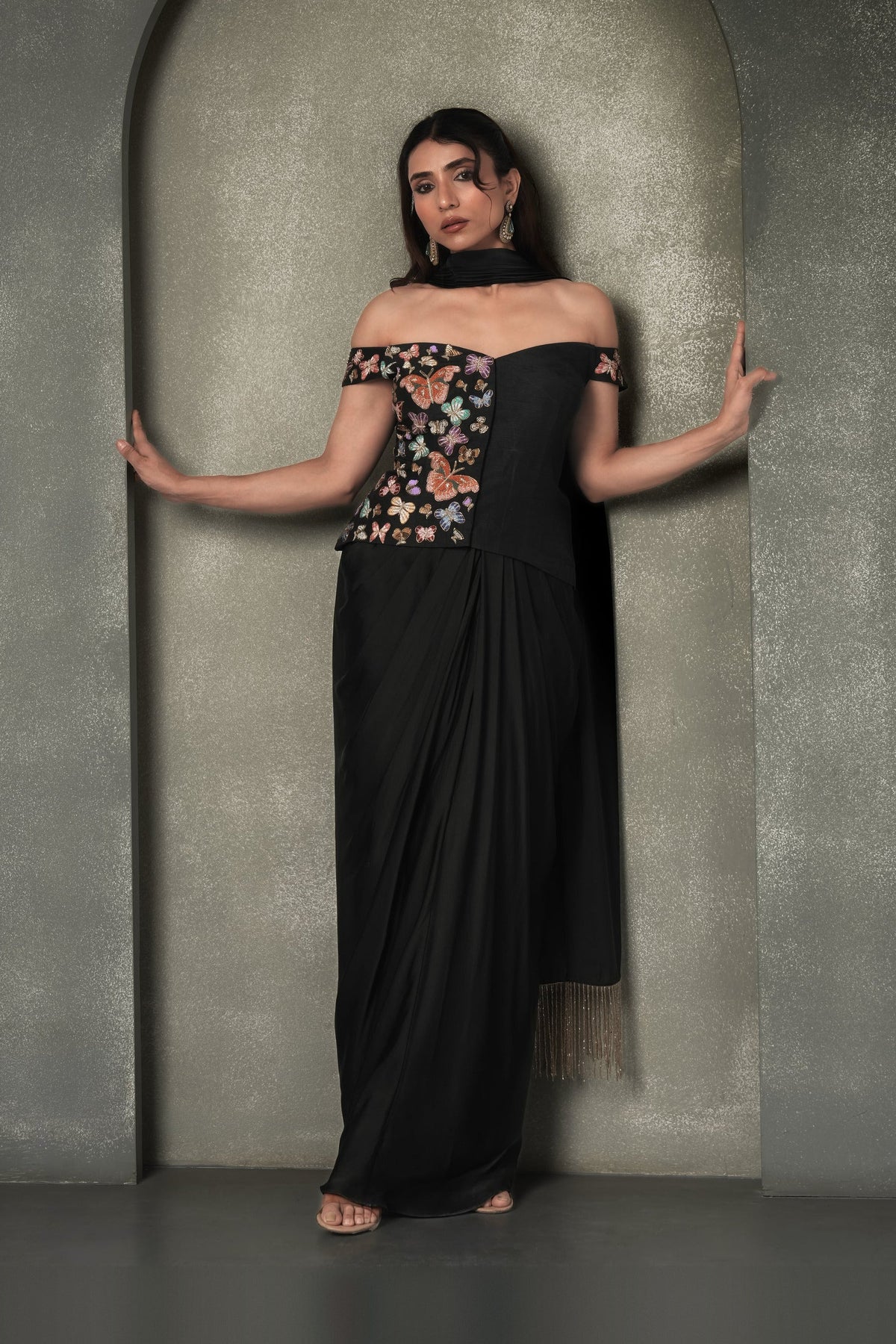"Moth & Myth" Draped Skirt & Off-Shoulder Corset Blouse