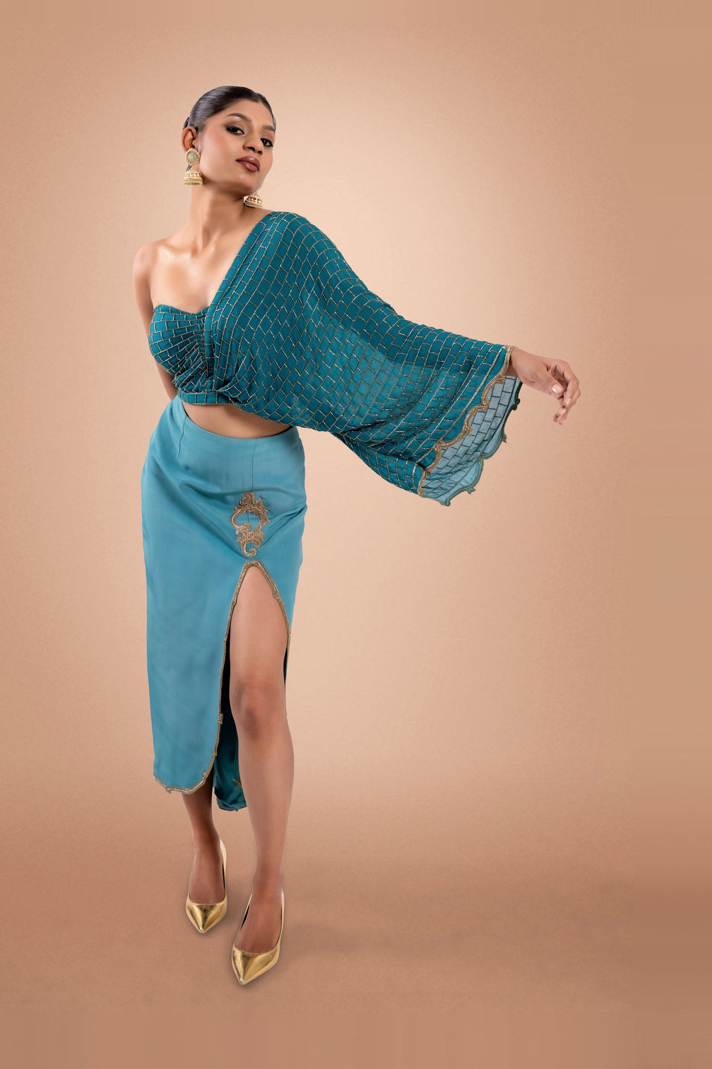“Teal Symphony” Slit Skirt & Draped Blouse